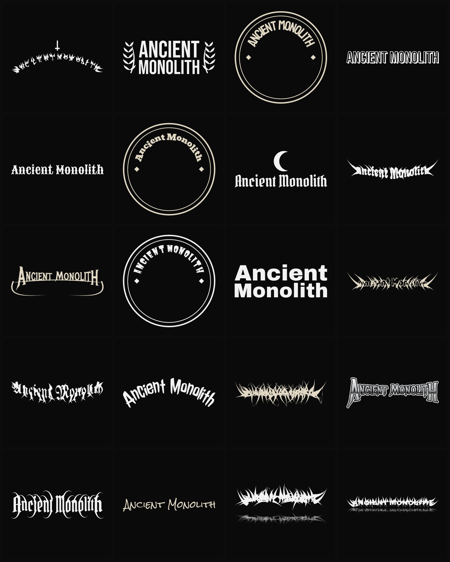 Twenty Ancient Monolith band logo ideas — different faces, treatments and spike settings