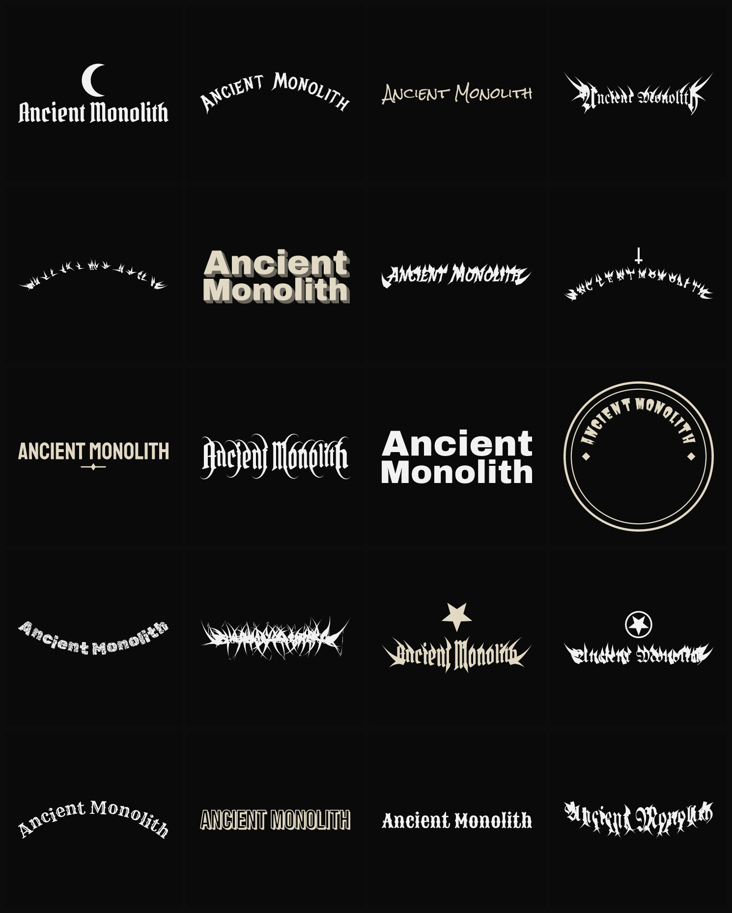 Twenty Ancient Monolith band logo ideas — different faces, treatments and spike settings