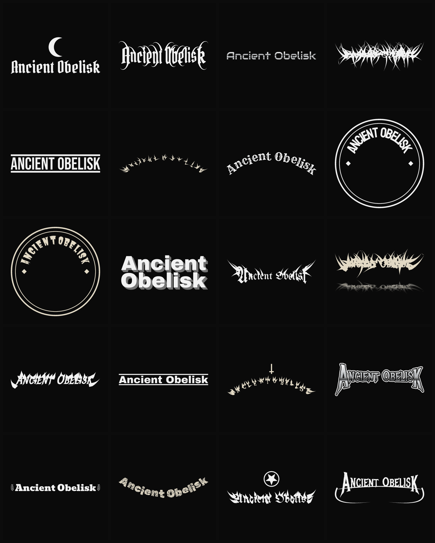 Twenty Ancient Obelisk band logo ideas — different faces, treatments and spike settings