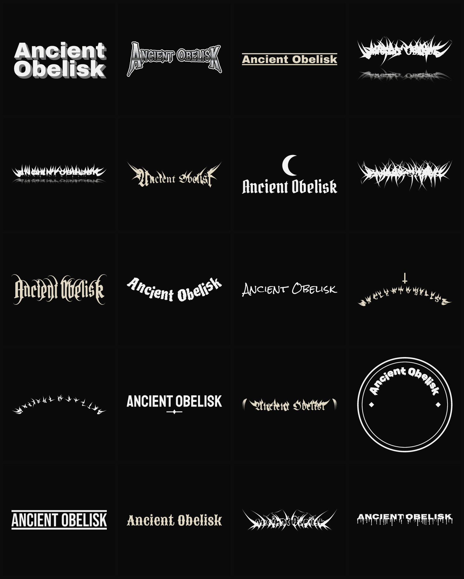 Twenty Ancient Obelisk band logo ideas — different faces, treatments and spike settings