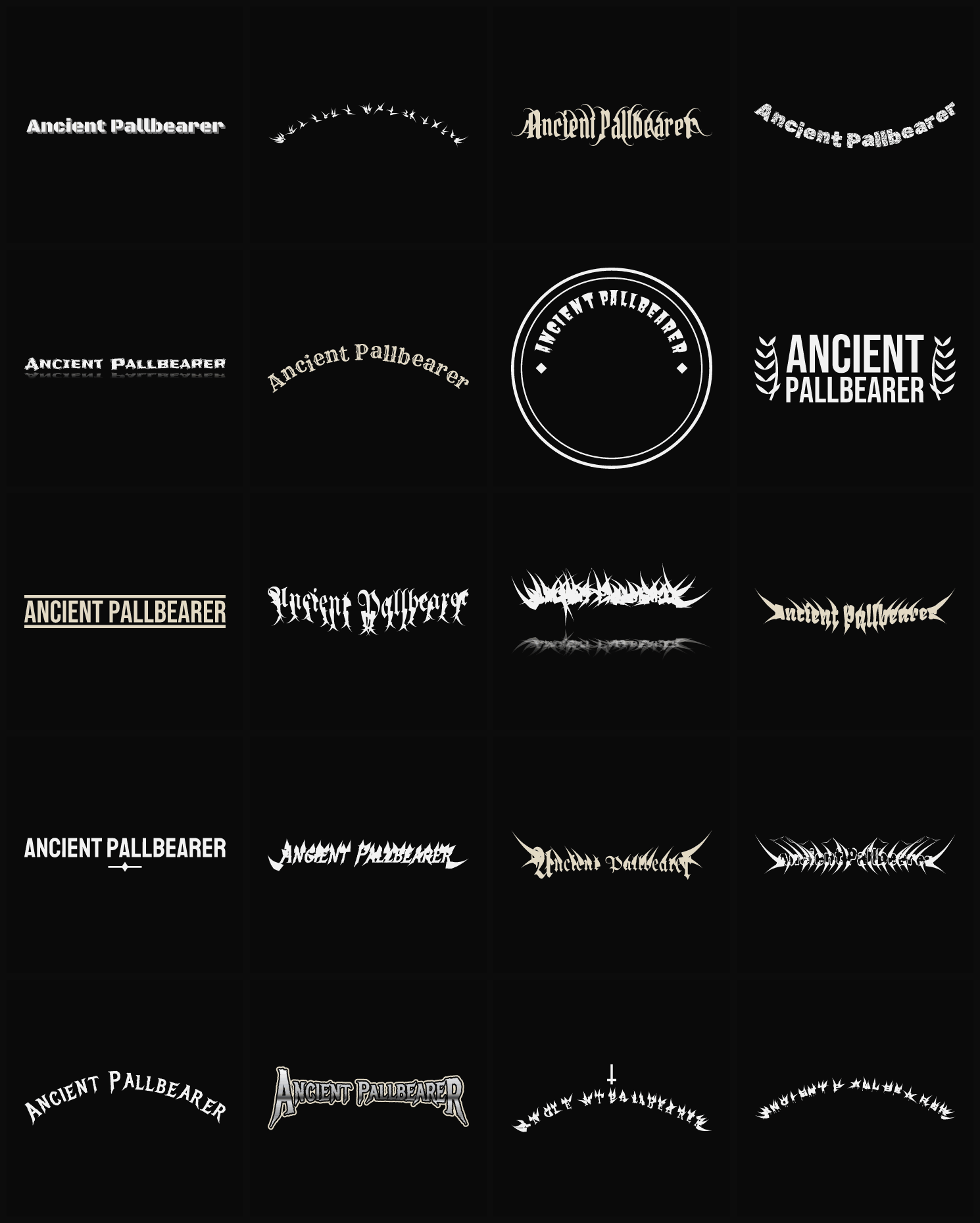 Twenty Ancient Pallbearer band logo ideas — different faces, treatments and spike settings