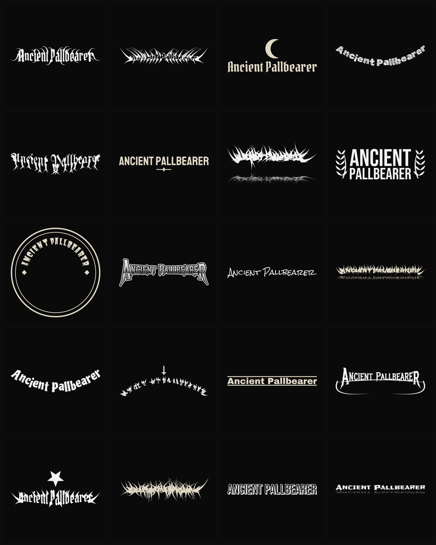 Twenty Ancient Pallbearer band logo ideas — different faces, treatments and spike settings