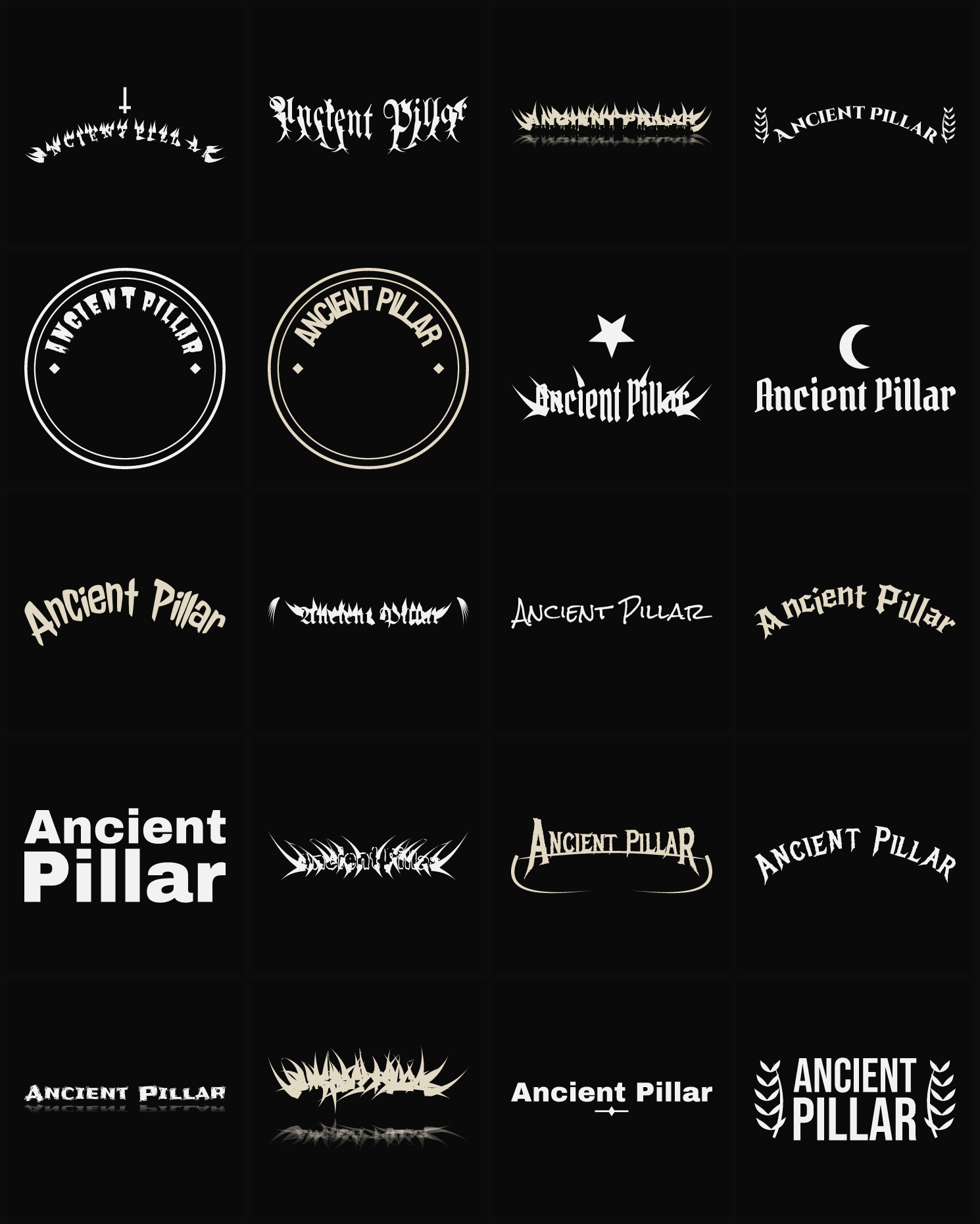 Twenty Ancient Pillar band logo ideas — different faces, treatments and spike settings