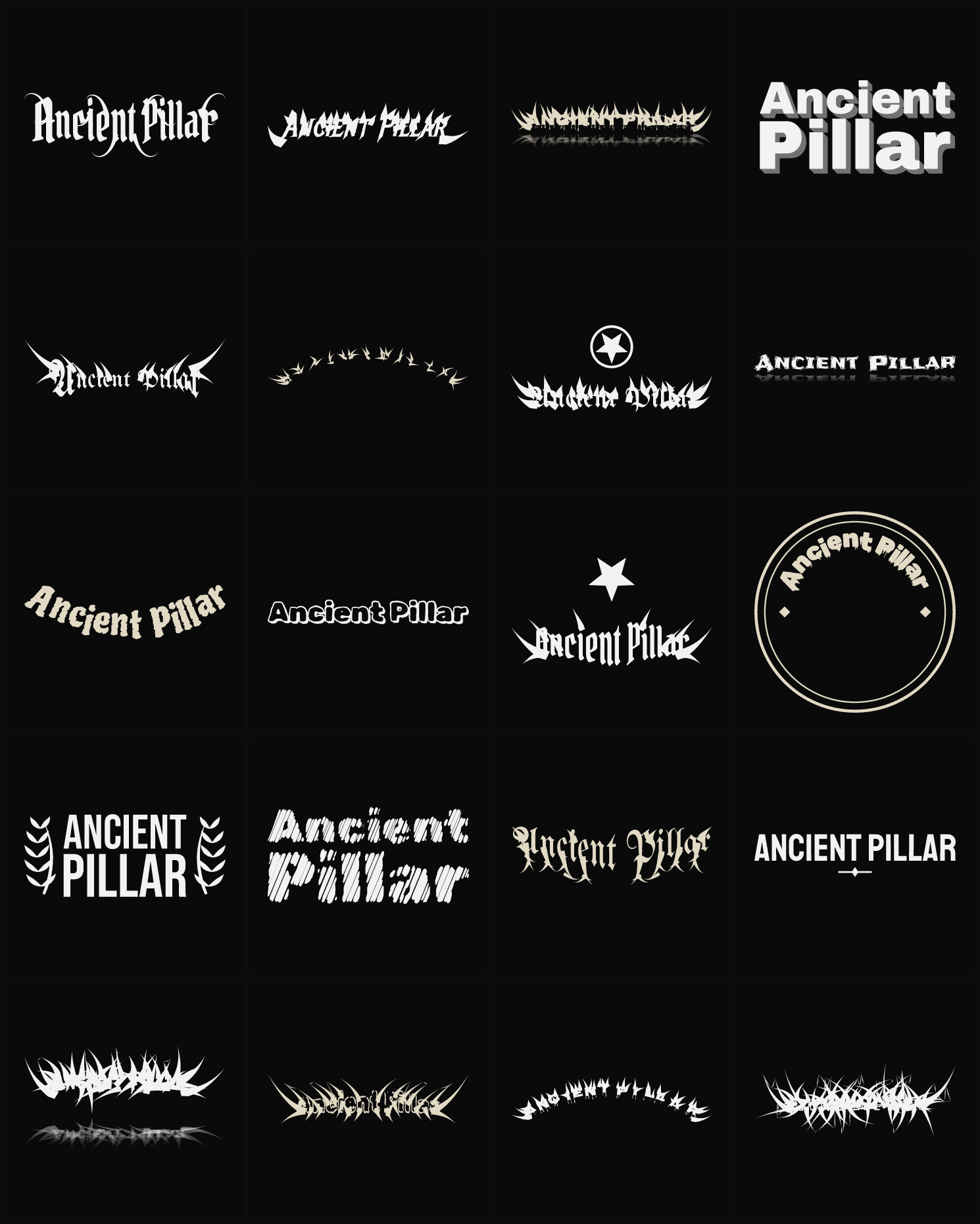 Twenty Ancient Pillar band logo ideas — different faces, treatments and spike settings