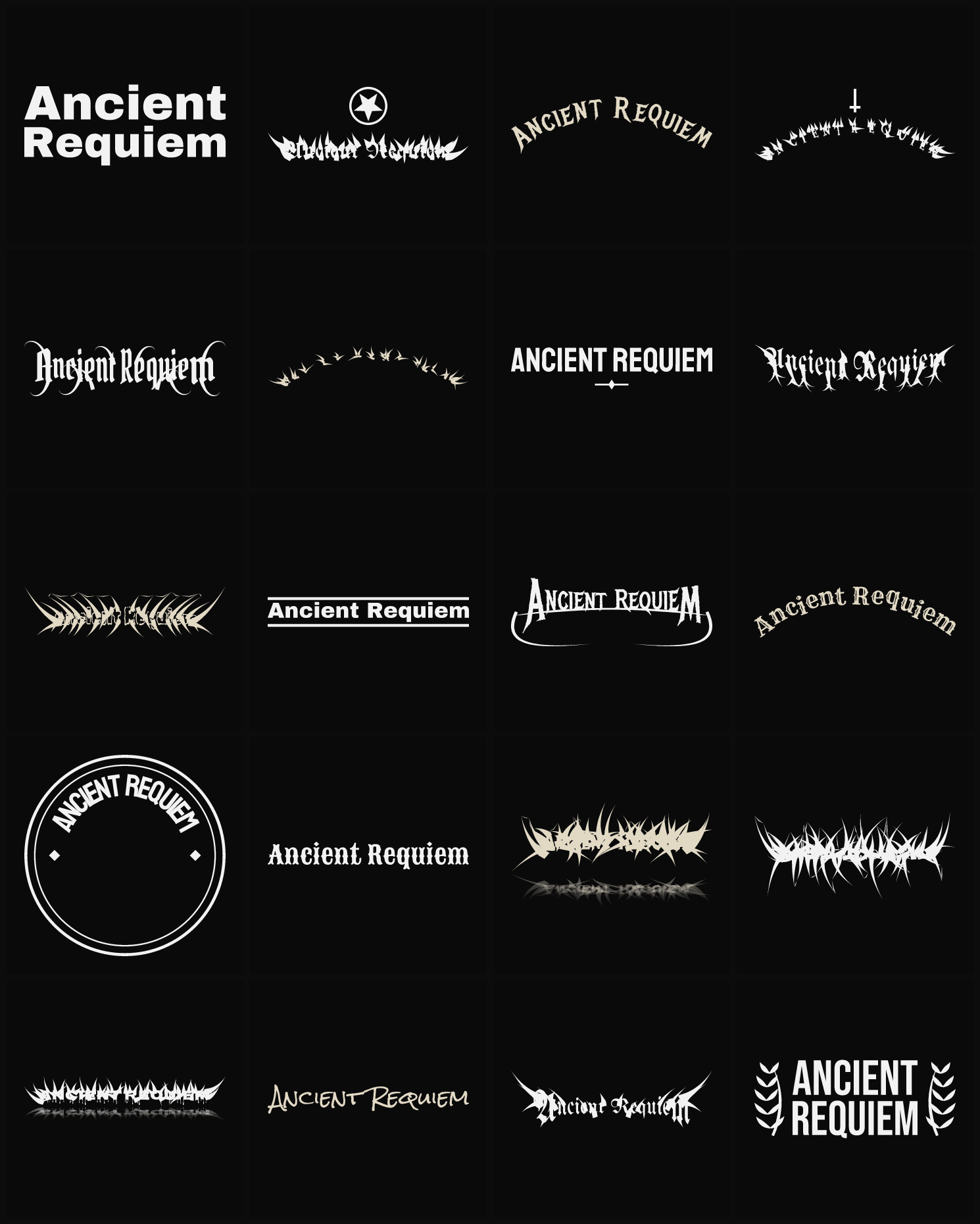 Twenty Ancient Requiem band logo ideas — different faces, treatments and spike settings