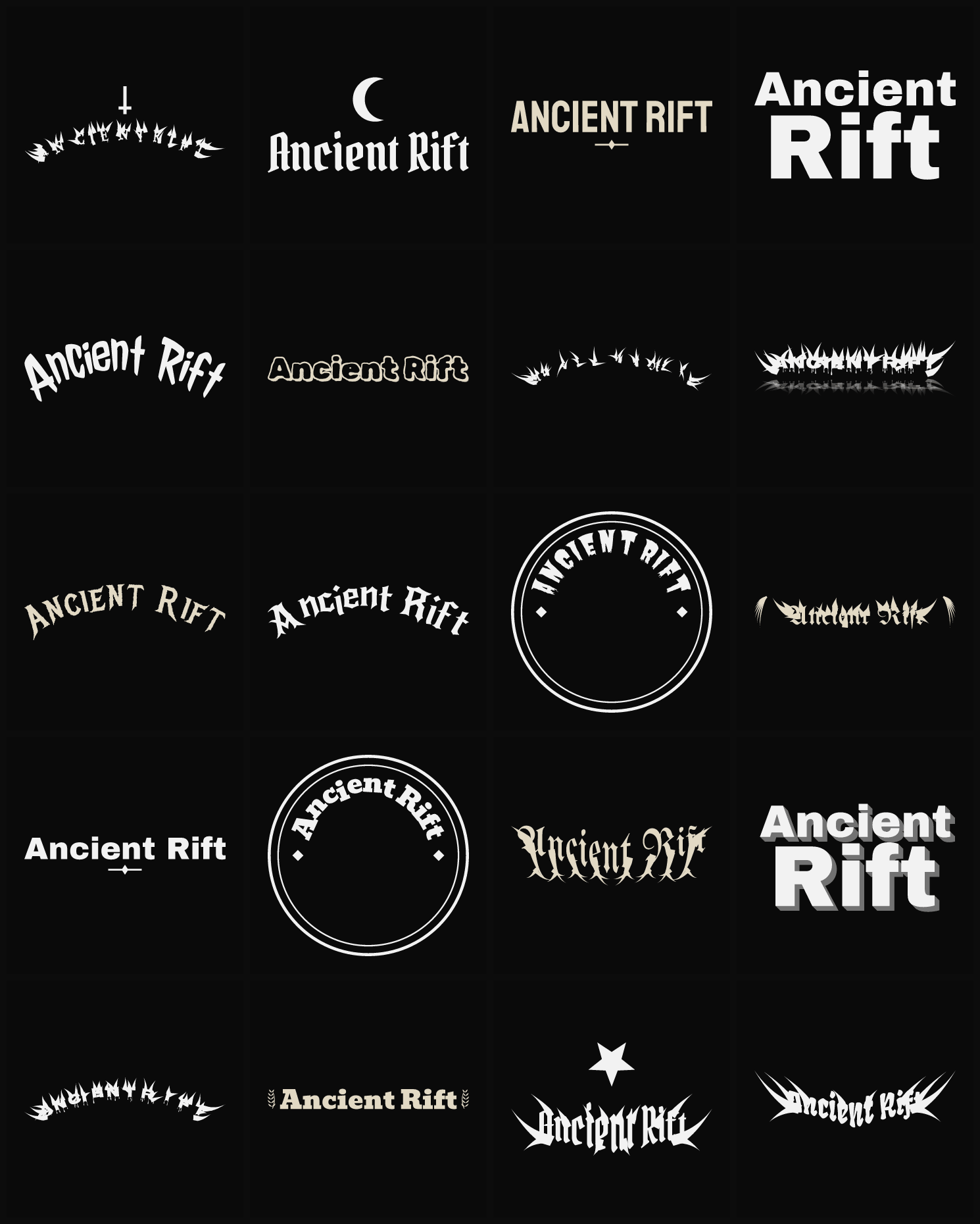Twenty Ancient Rift band logo ideas — different faces, treatments and spike settings