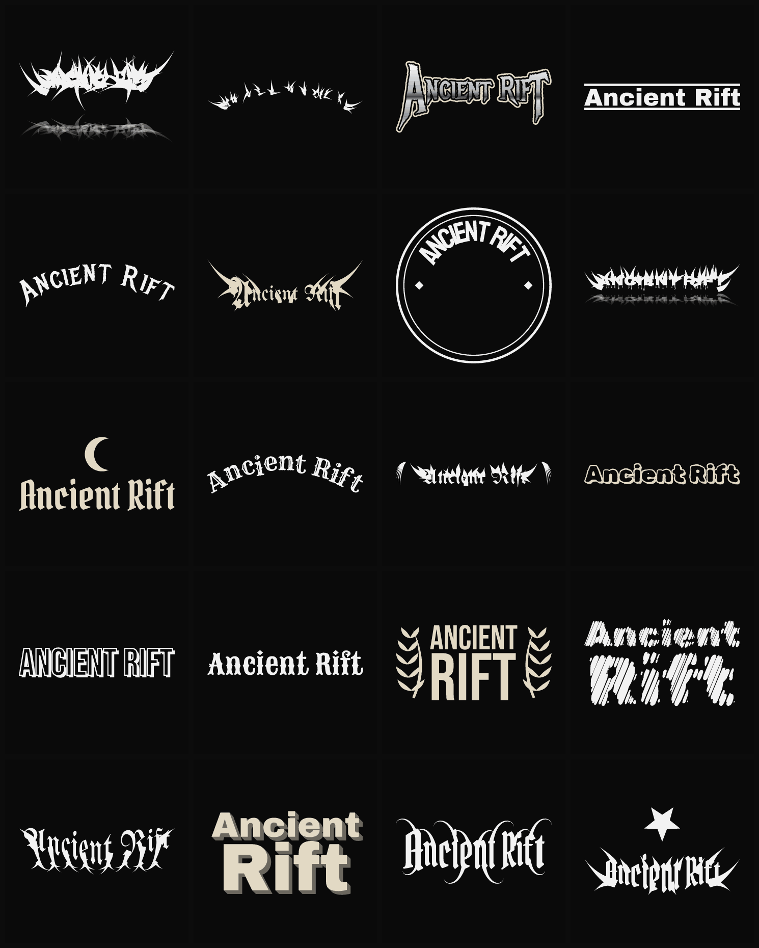 Twenty Ancient Rift band logo ideas — different faces, treatments and spike settings
