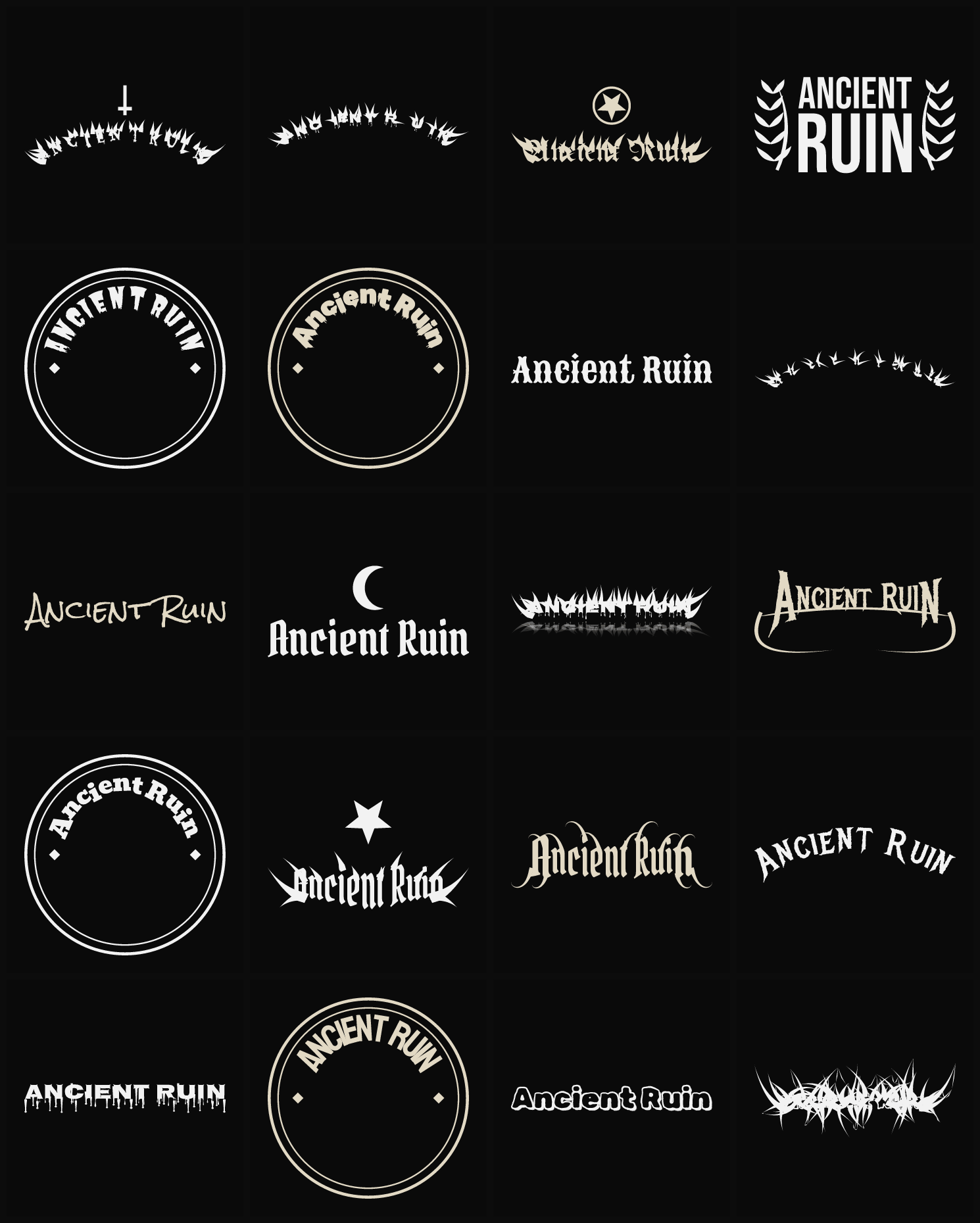 Twenty Ancient Ruin band logo ideas — different faces, treatments and spike settings