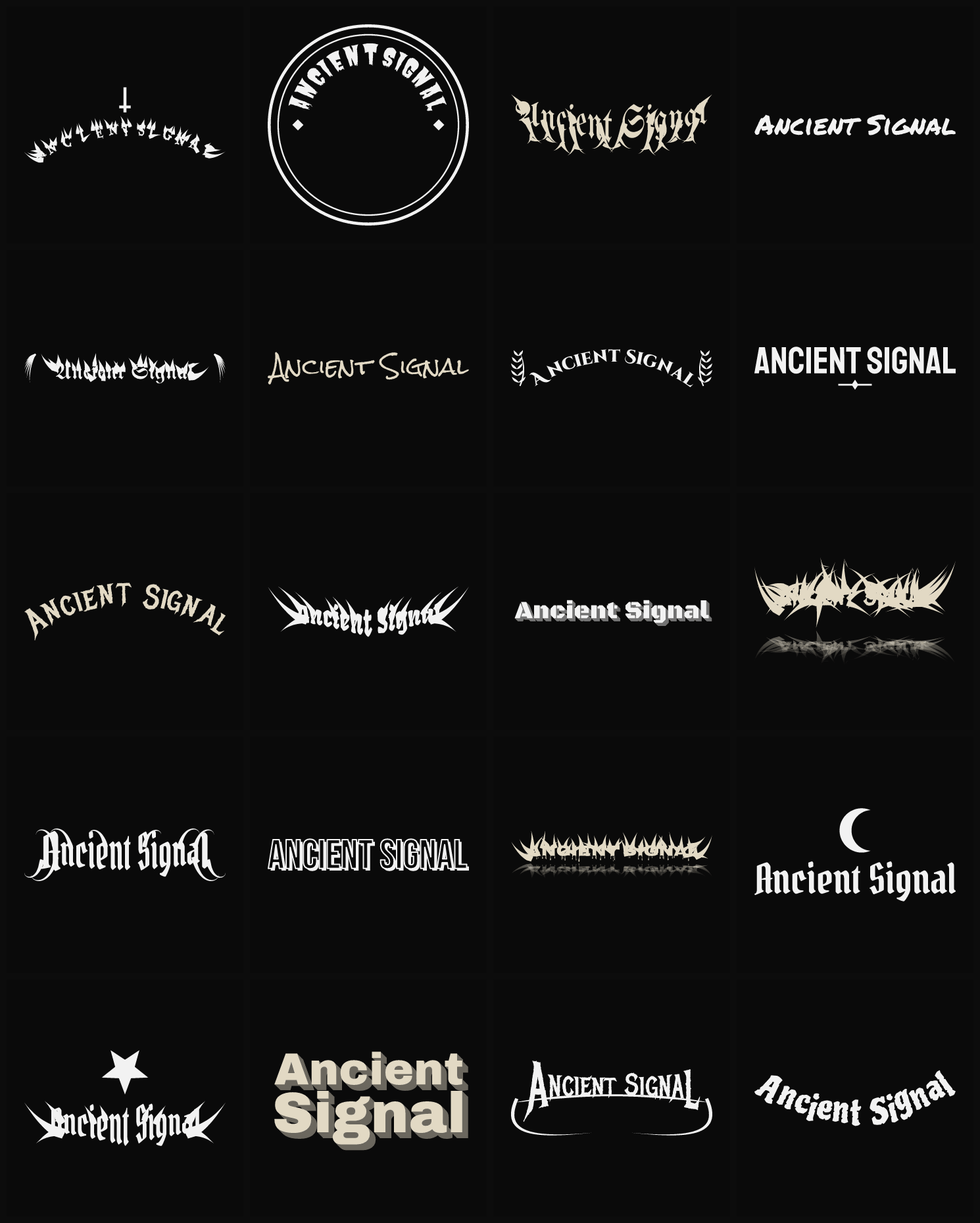 Twenty Ancient Signal band logo ideas — different faces, treatments and spike settings