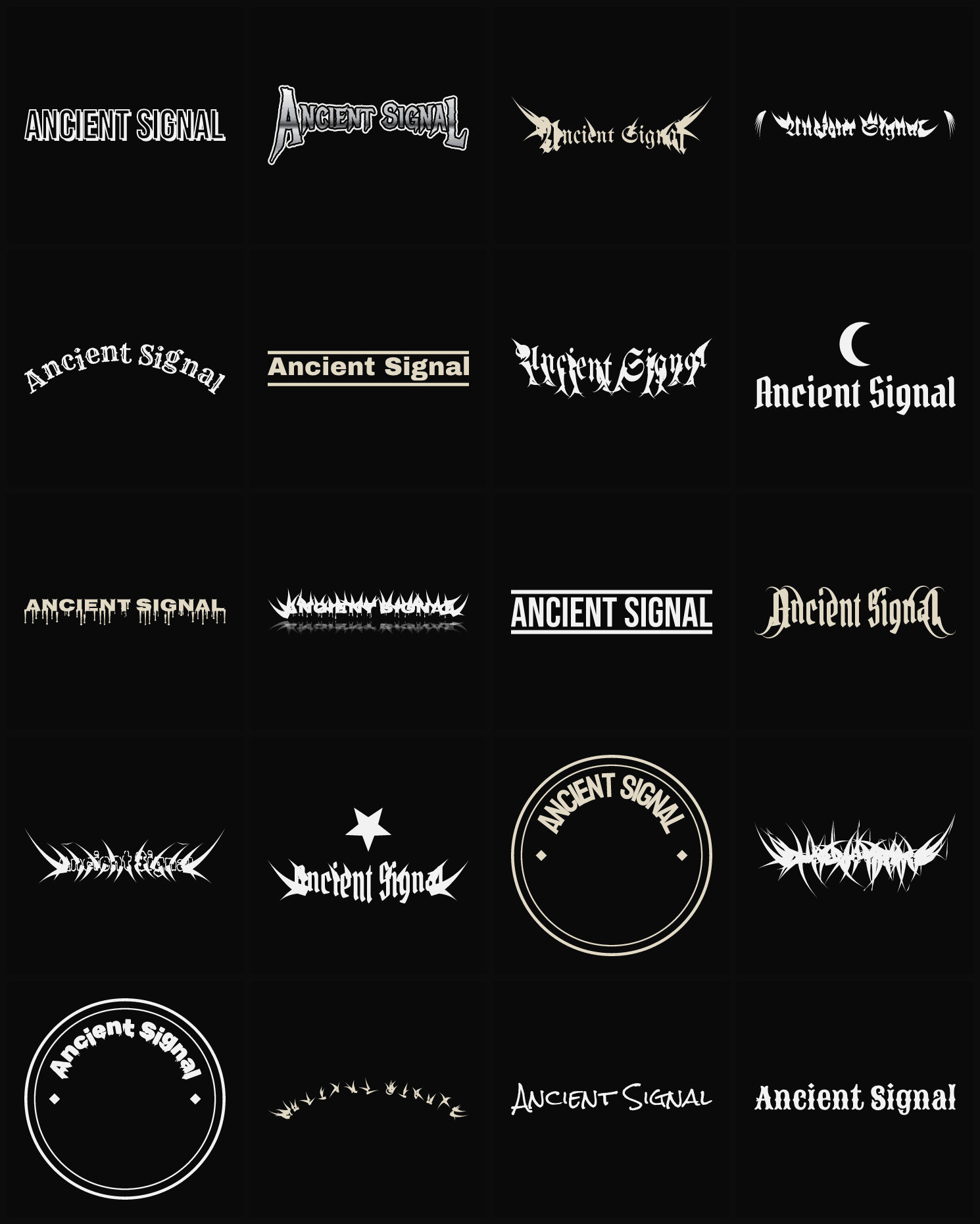 Twenty Ancient Signal band logo ideas — different faces, treatments and spike settings