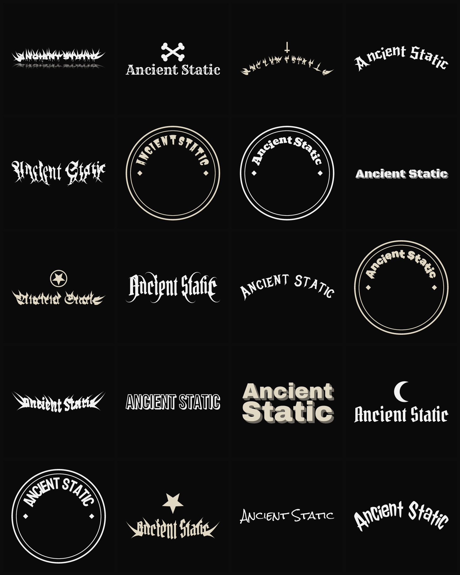 Twenty Ancient Static band logo ideas — different faces, treatments and spike settings