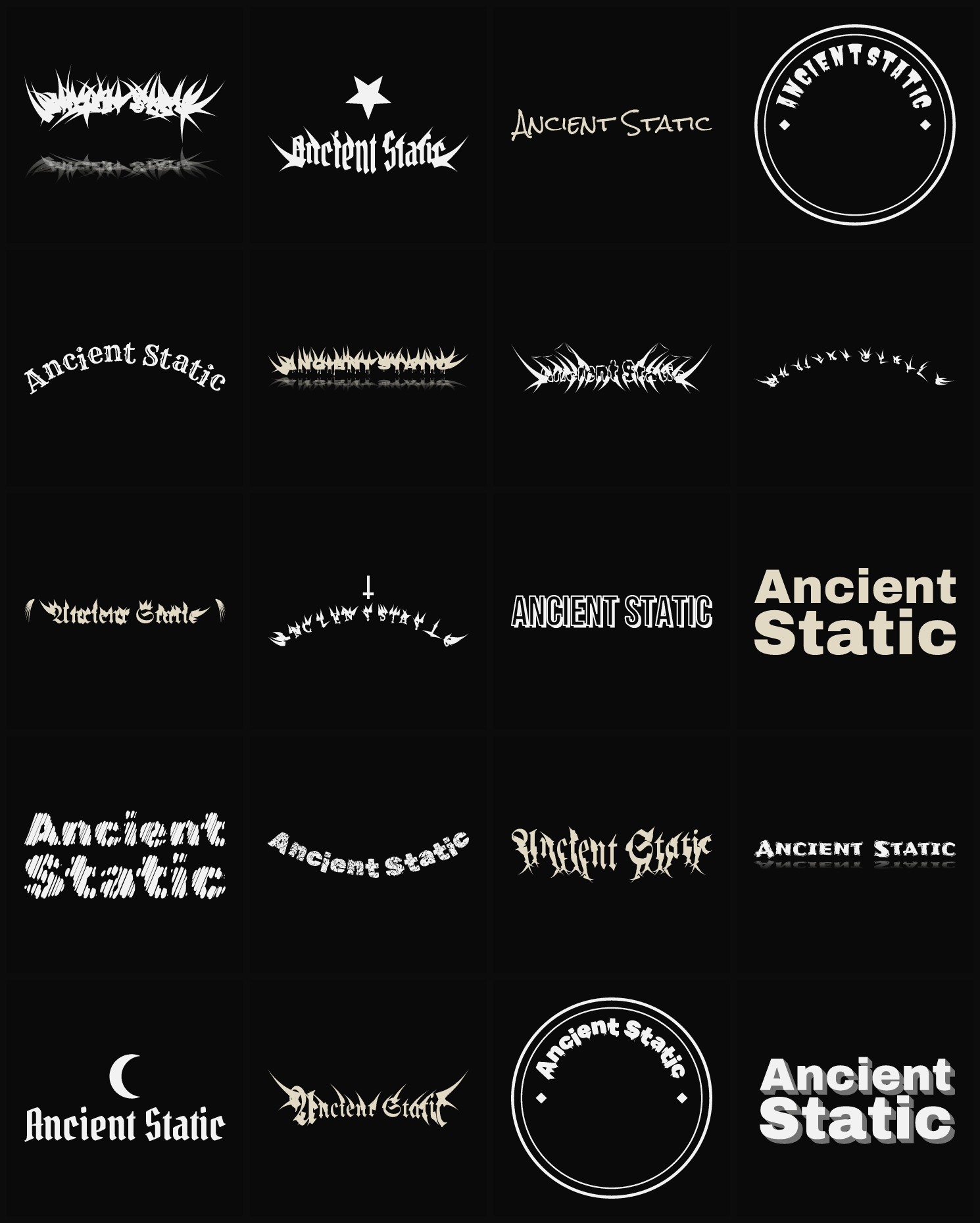Twenty Ancient Static band logo ideas — different faces, treatments and spike settings