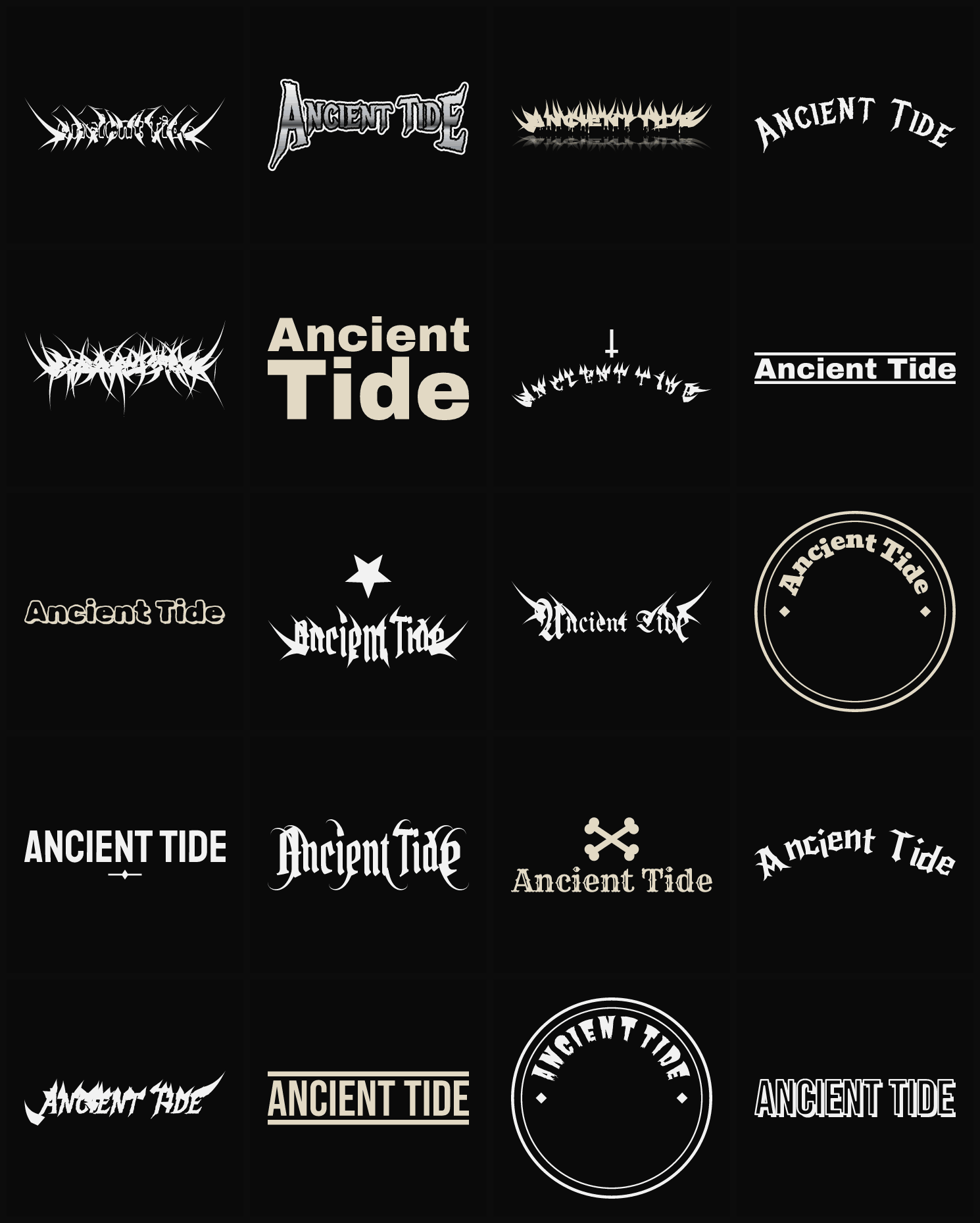 Twenty Ancient Tide band logo ideas — different faces, treatments and spike settings