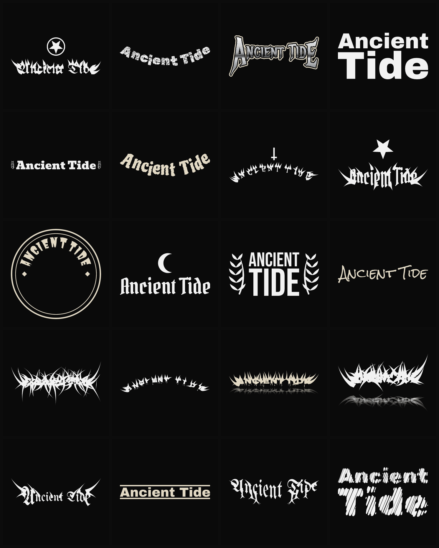 Twenty Ancient Tide band logo ideas — different faces, treatments and spike settings