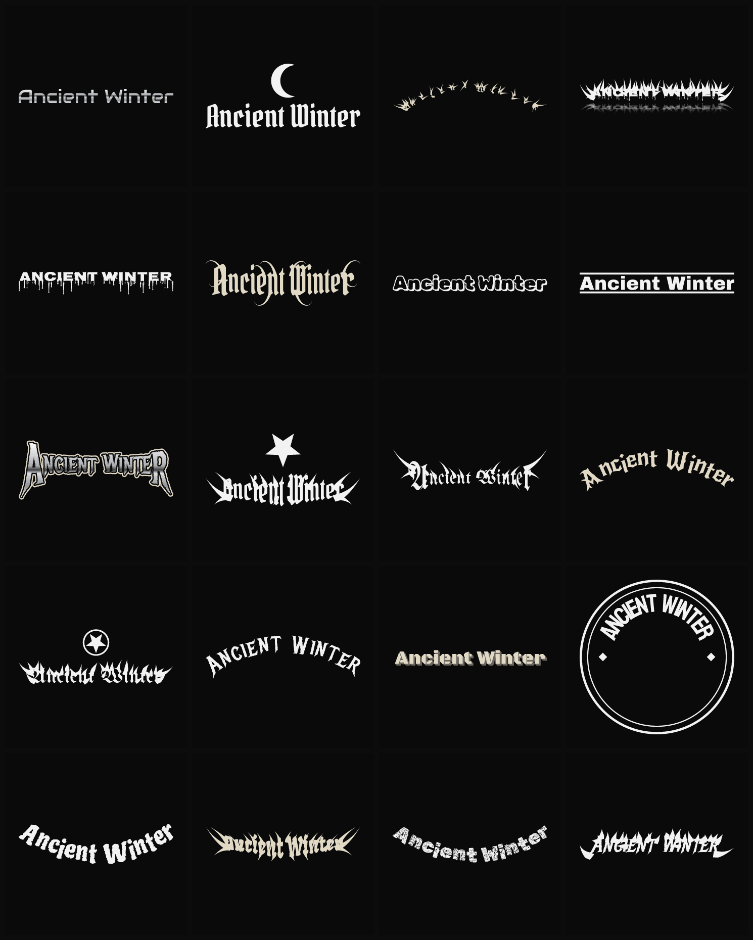 Twenty Ancient Winter band logo ideas — different faces, treatments and spike settings