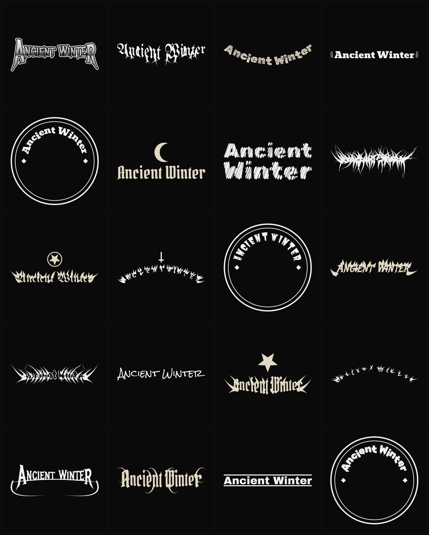 Twenty Ancient Winter band logo ideas — different faces, treatments and spike settings