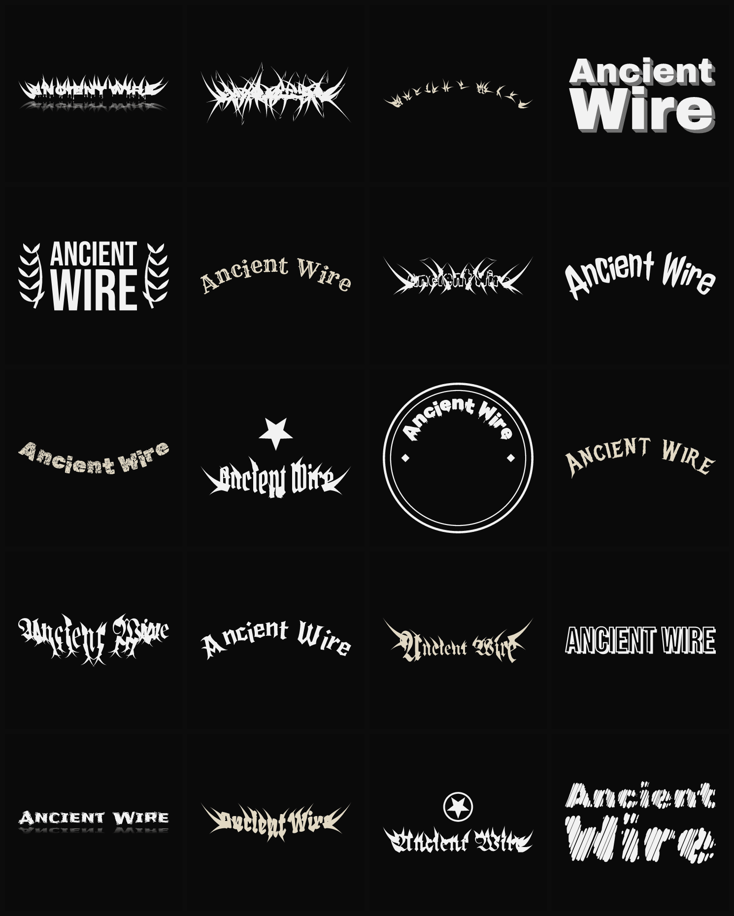 Twenty Ancient Wire band logo ideas — different faces, treatments and spike settings