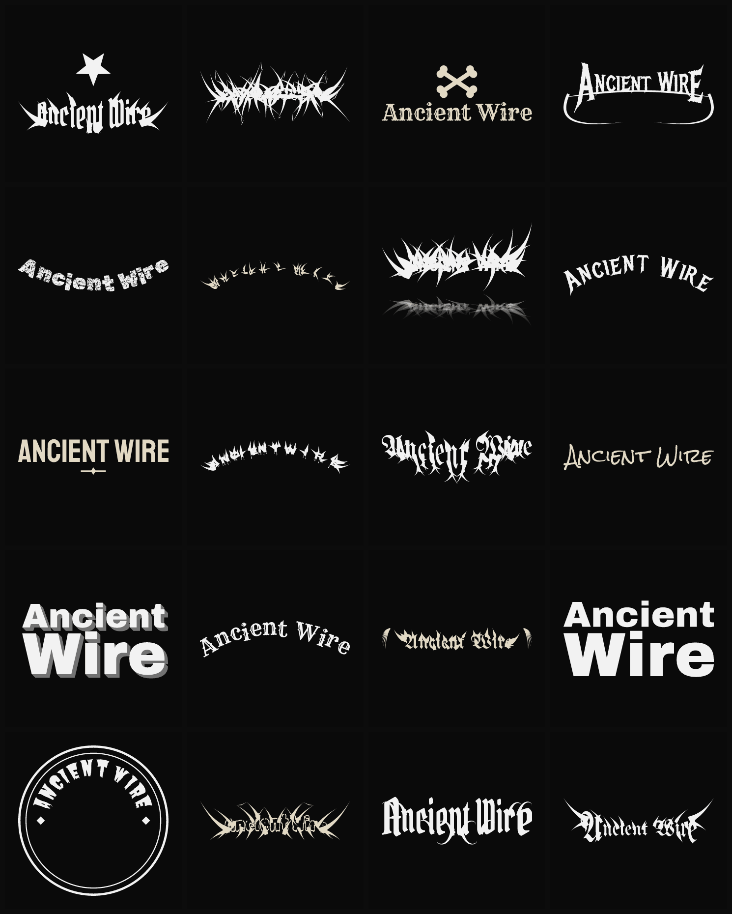 Twenty Ancient Wire band logo ideas — different faces, treatments and spike settings