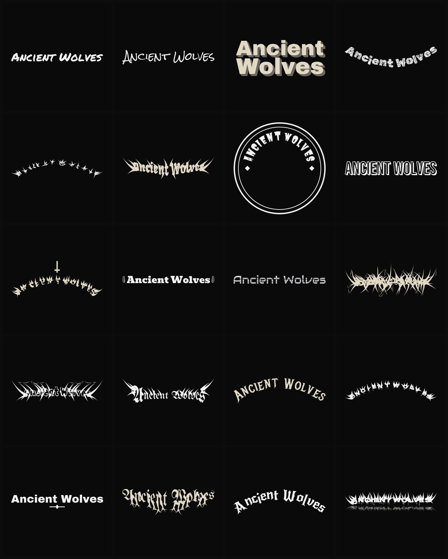 Twenty Ancient Wolves band logo ideas — different faces, treatments and spike settings