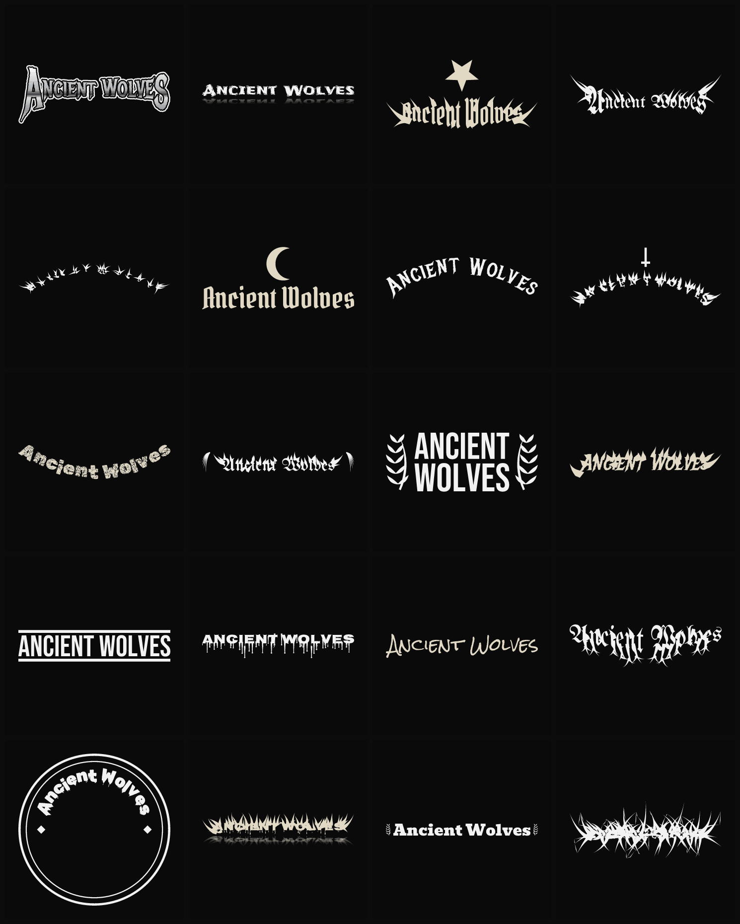 Twenty Ancient Wolves band logo ideas — different faces, treatments and spike settings
