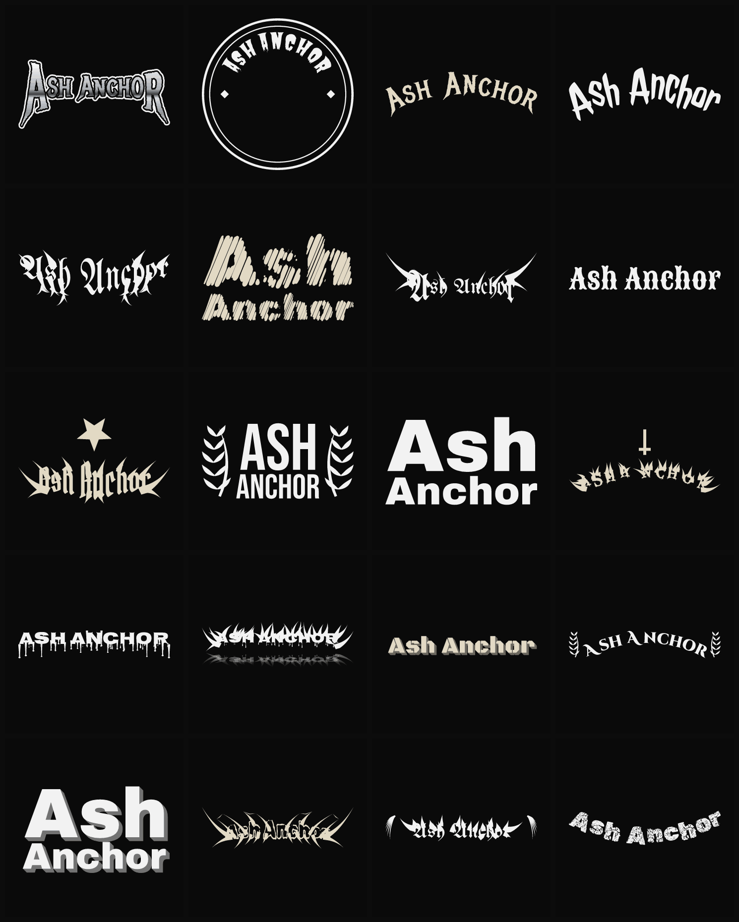 Twenty Ash Anchor band logo ideas — different faces, treatments and spike settings