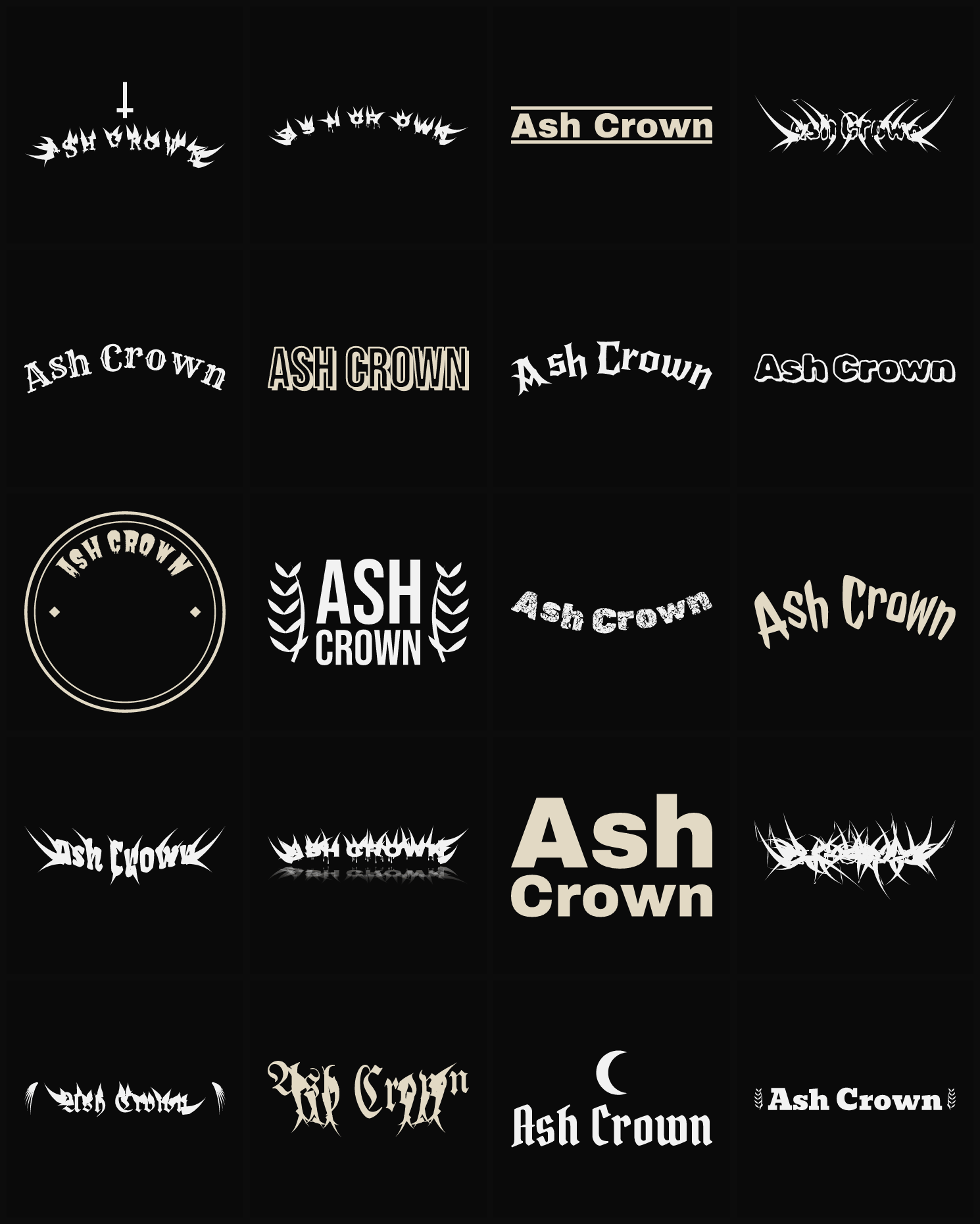 Twenty Ash Crown band logo ideas — different faces, treatments and spike settings