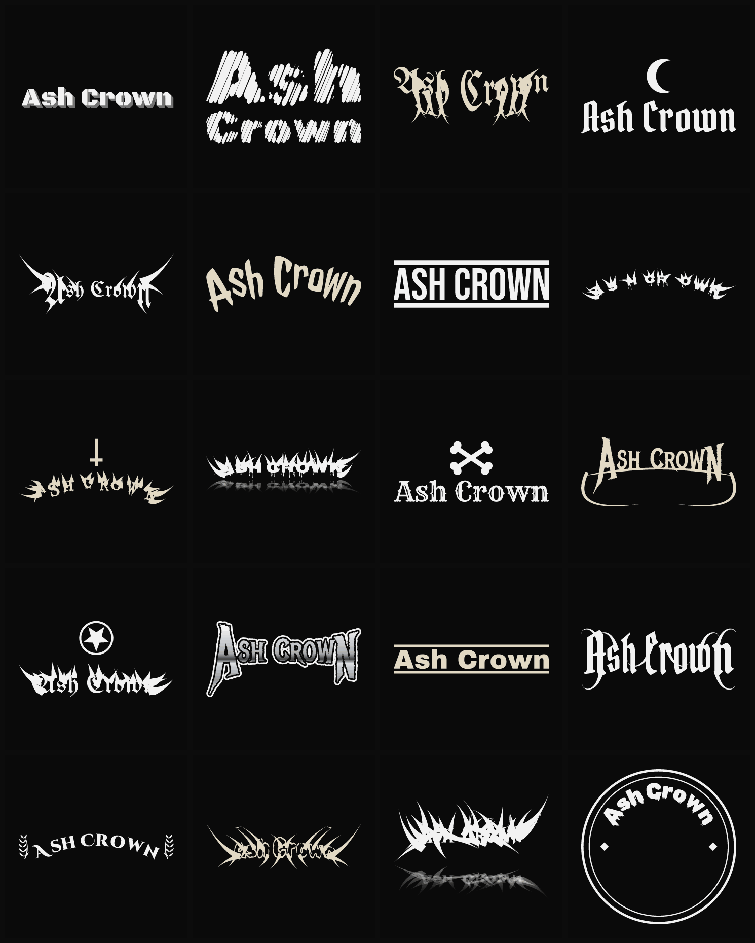 Twenty Ash Crown band logo ideas — different faces, treatments and spike settings
