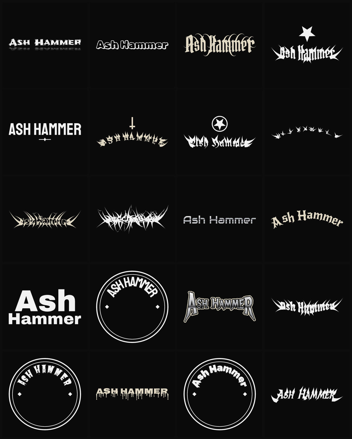 Twenty Ash Hammer band logo ideas — different faces, treatments and spike settings