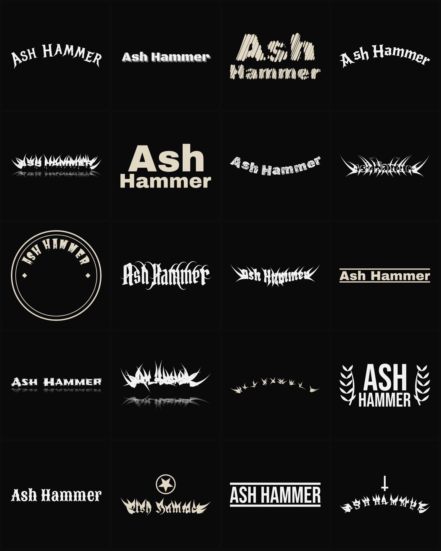 Twenty Ash Hammer band logo ideas — different faces, treatments and spike settings