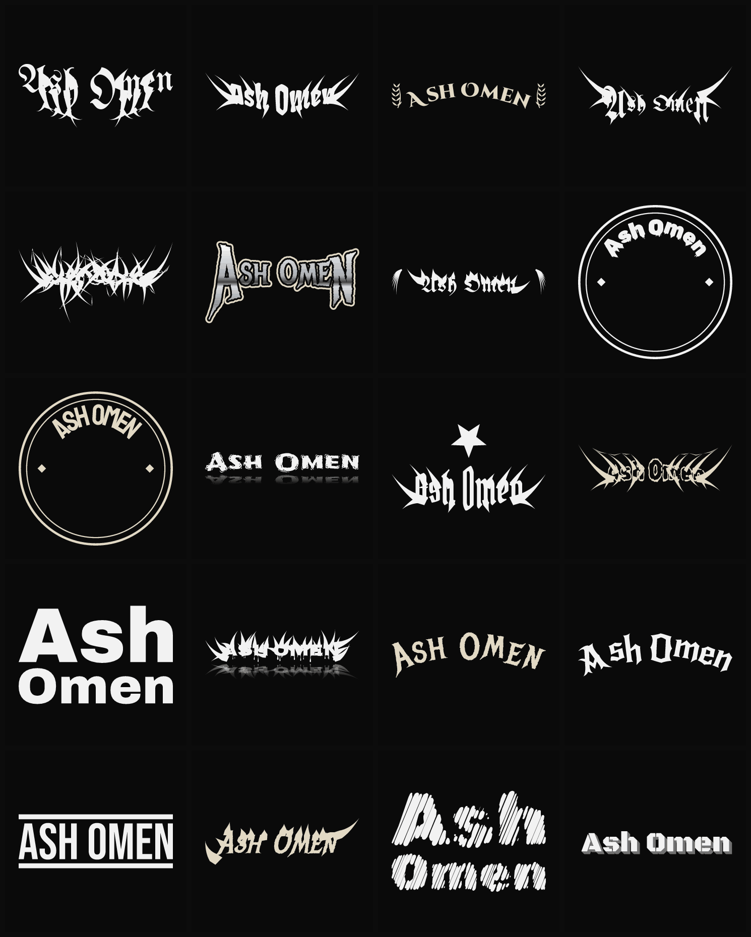 Twenty Ash Omen band logo ideas — different faces, treatments and spike settings