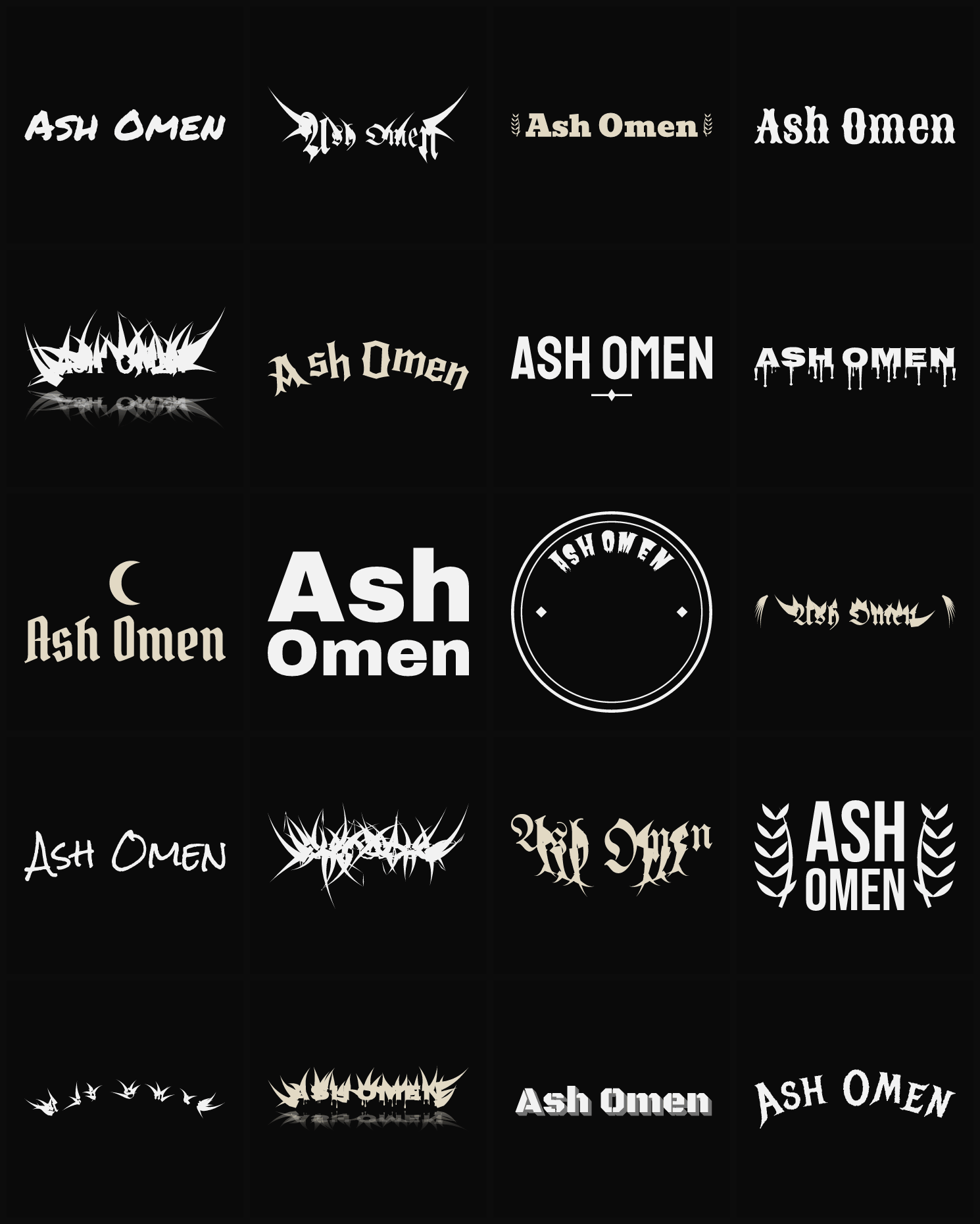 Twenty Ash Omen band logo ideas — different faces, treatments and spike settings