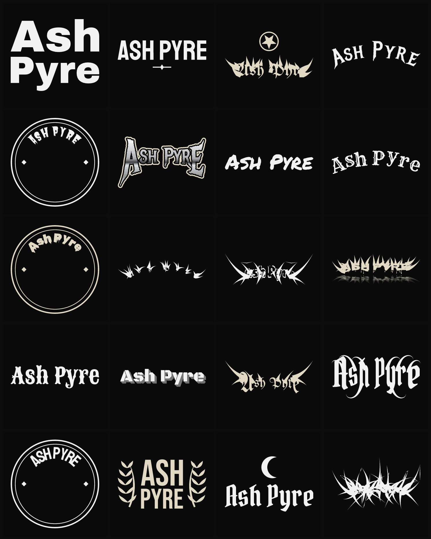 Twenty Ash Pyre band logo ideas — different faces, treatments and spike settings