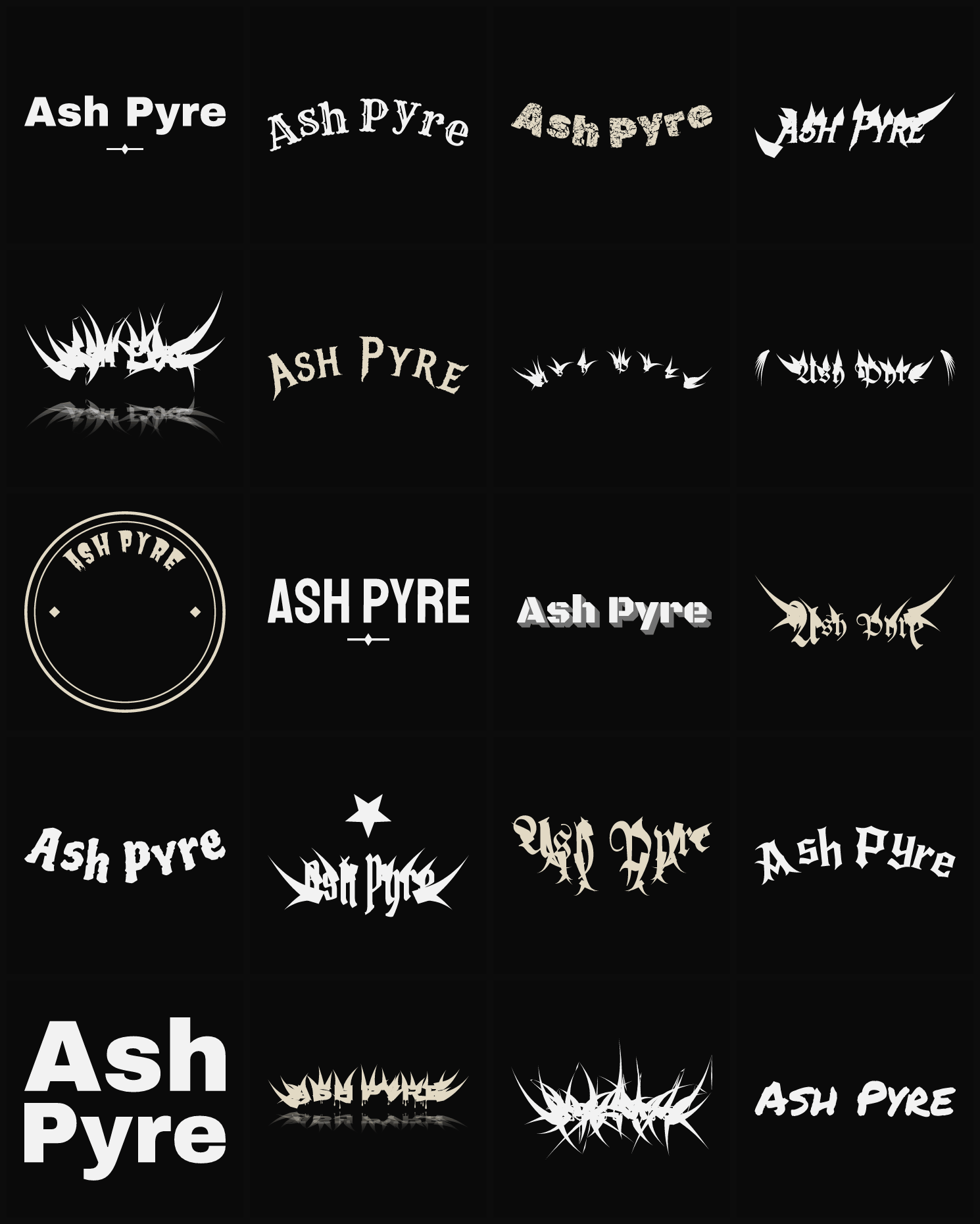 Twenty Ash Pyre band logo ideas — different faces, treatments and spike settings