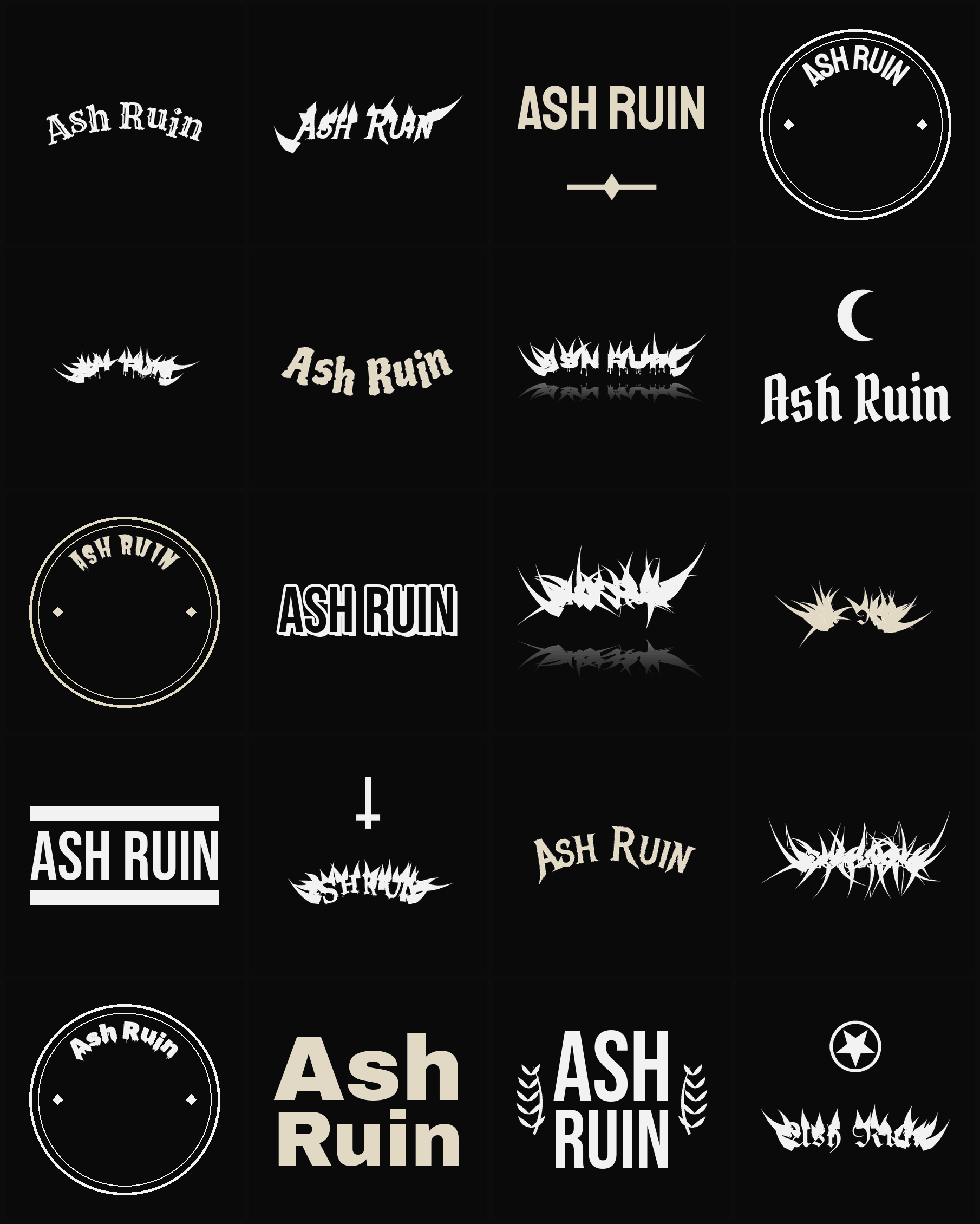 Twenty Ash Ruin band logo ideas — different faces, treatments and spike settings