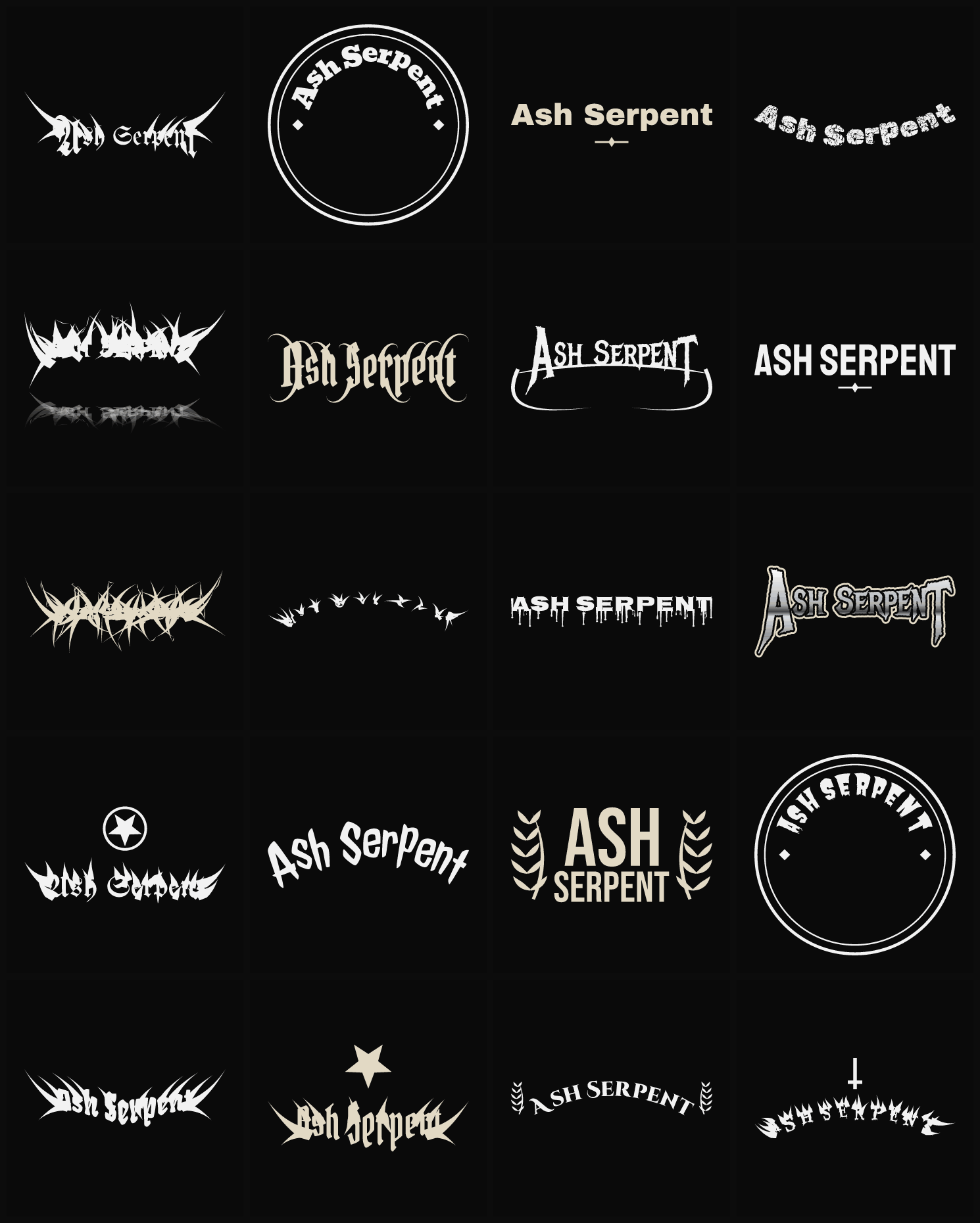 Twenty Ash Serpent band logo ideas — different faces, treatments and spike settings
