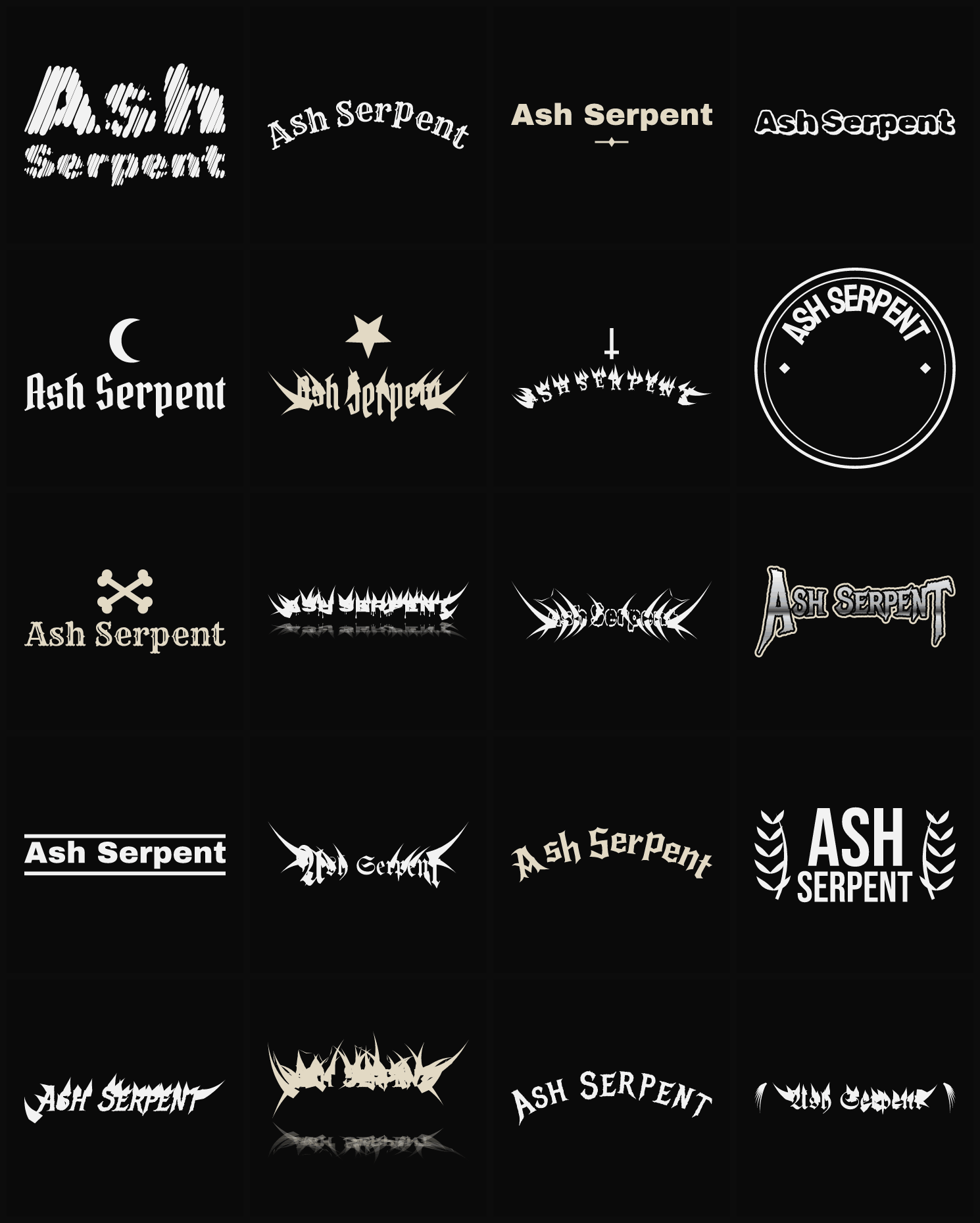 Twenty Ash Serpent band logo ideas — different faces, treatments and spike settings