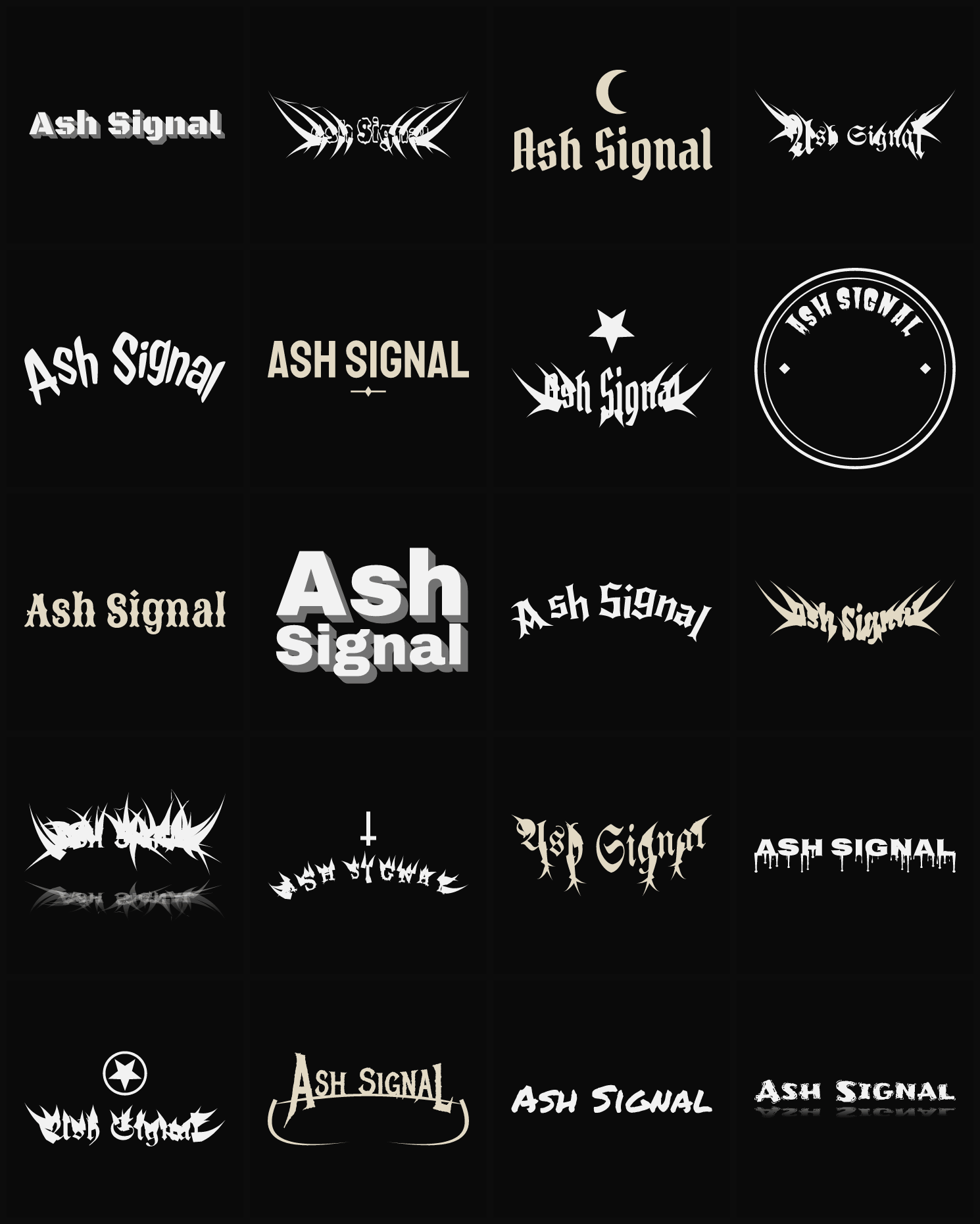 Twenty Ash Signal band logo ideas — different faces, treatments and spike settings