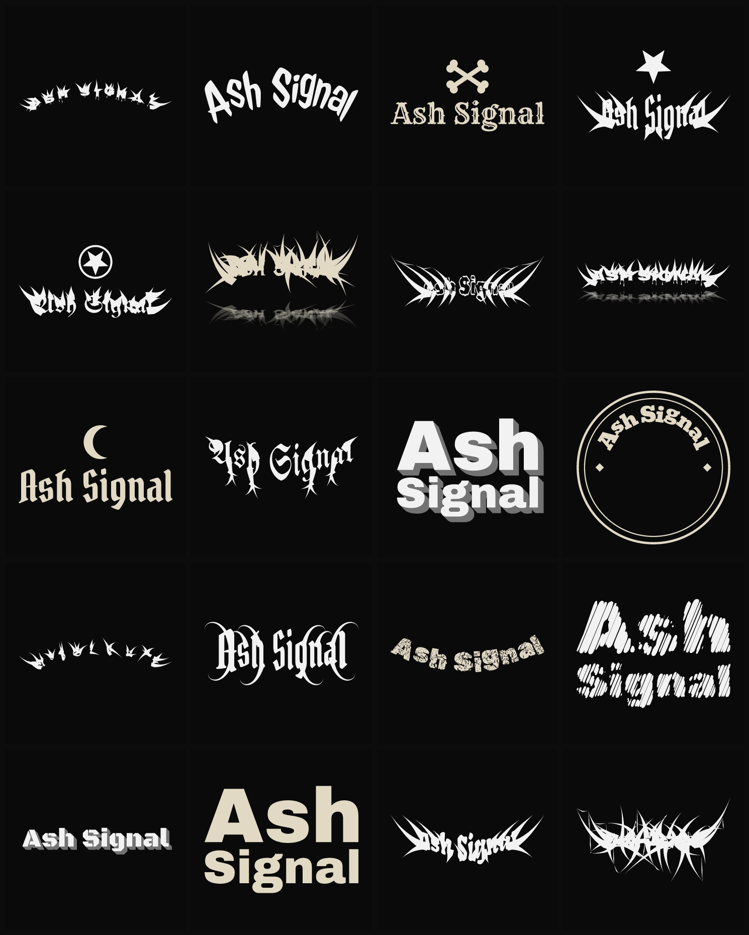 Twenty Ash Signal band logo ideas — different faces, treatments and spike settings