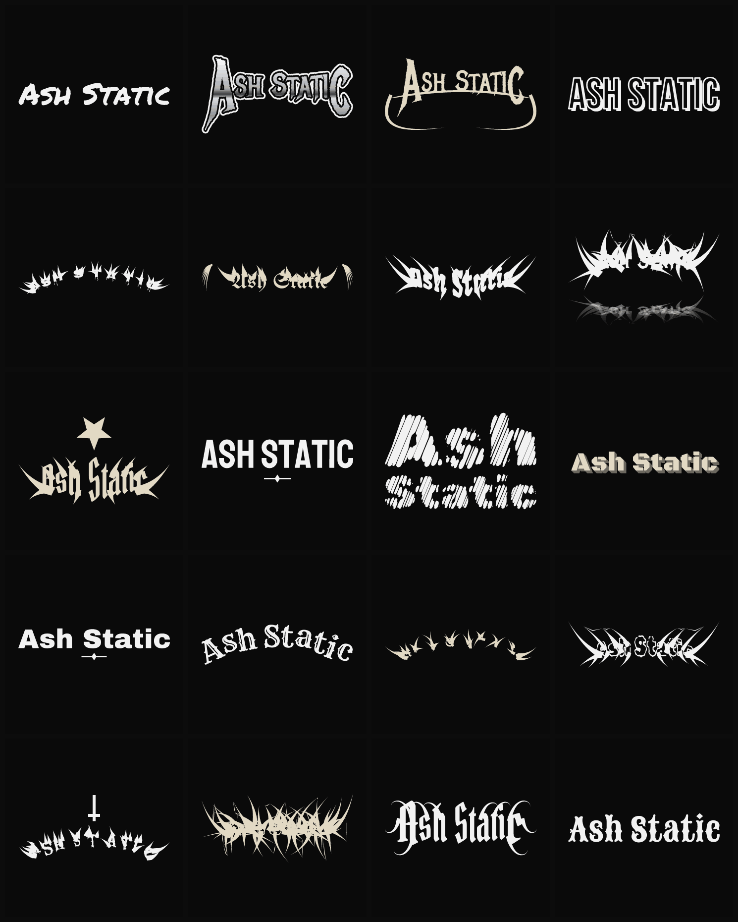 Twenty Ash Static band logo ideas — different faces, treatments and spike settings