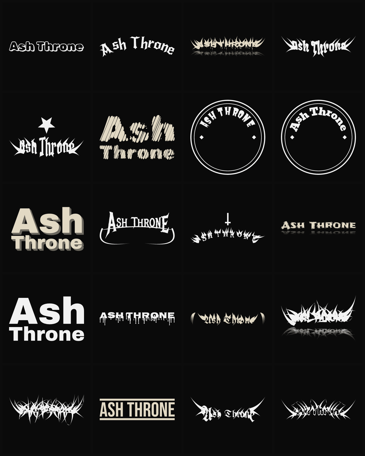 Twenty Ash Throne band logo ideas — different faces, treatments and spike settings