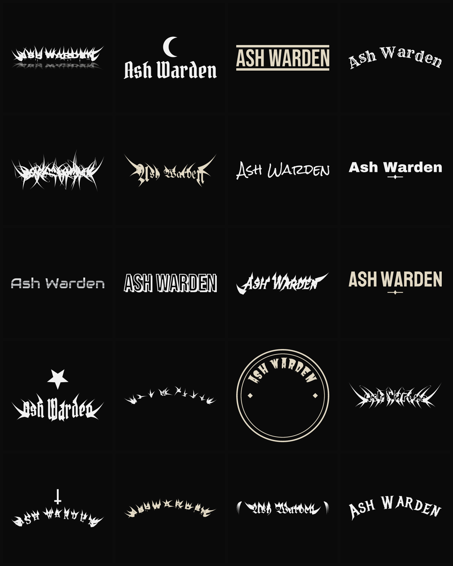 Twenty Ash Warden band logo ideas — different faces, treatments and spike settings