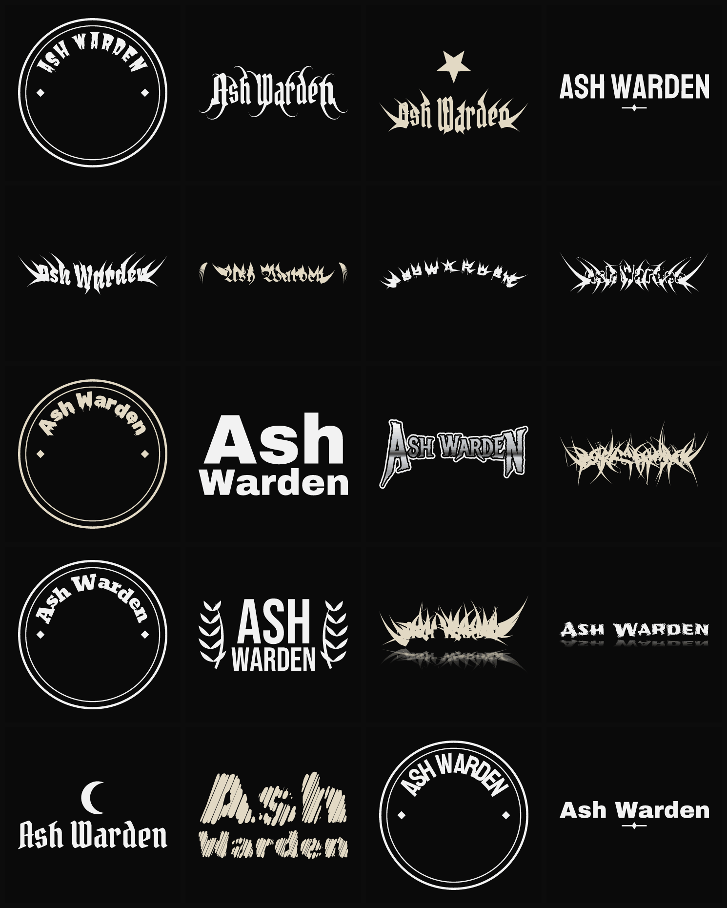 Twenty Ash Warden band logo ideas — different faces, treatments and spike settings
