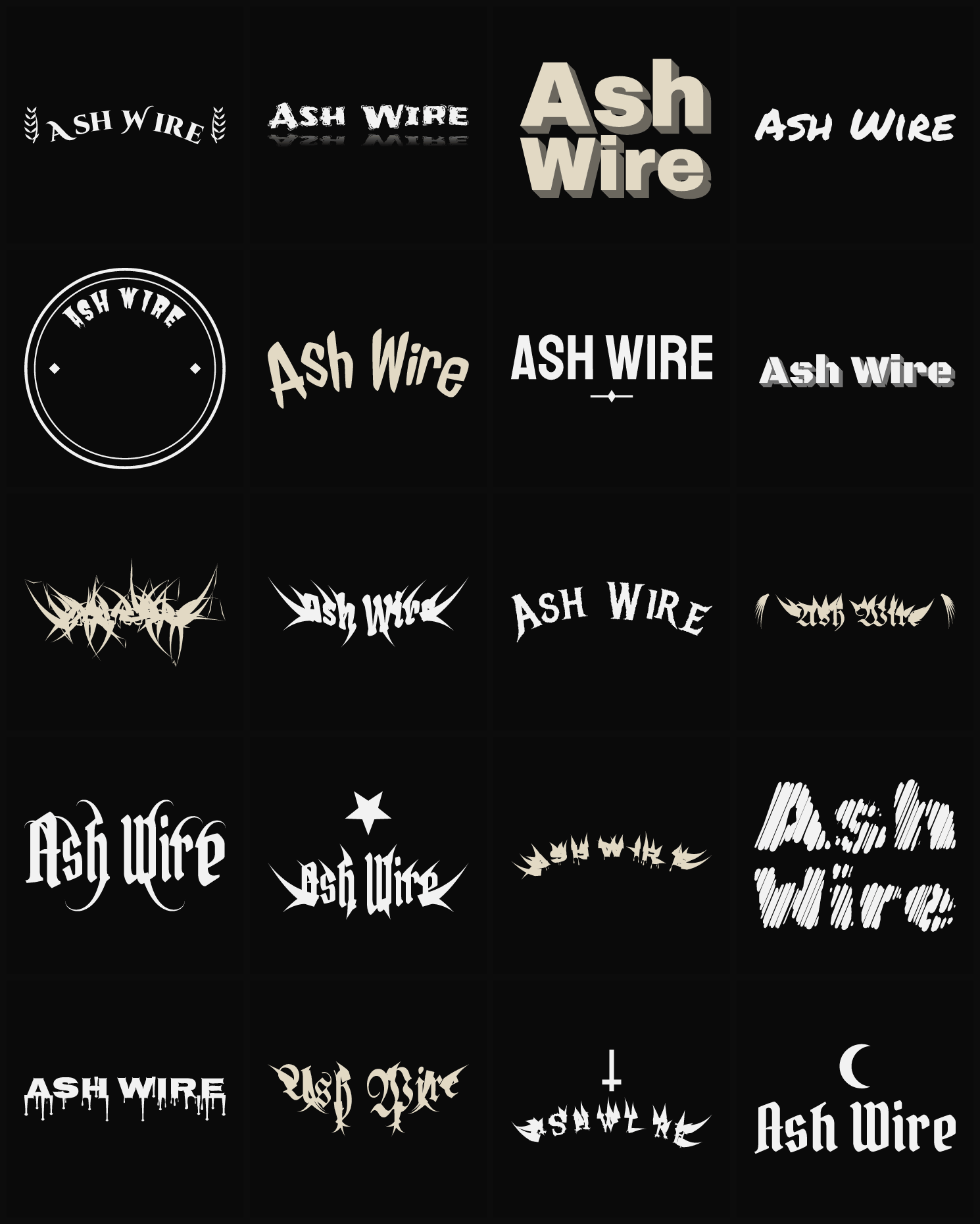 Twenty Ash Wire band logo ideas — different faces, treatments and spike settings