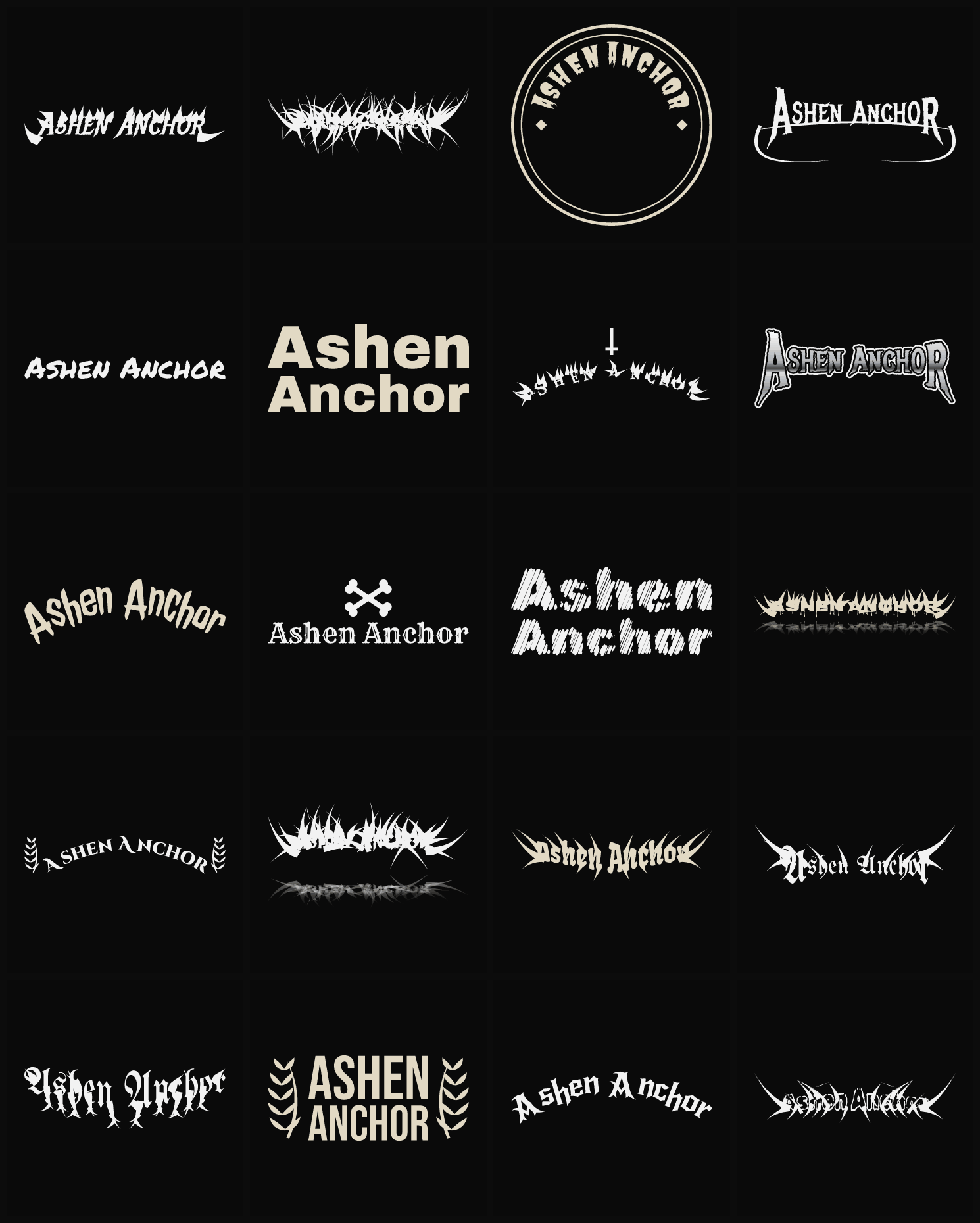 Twenty Ashen Anchor band logo ideas — different faces, treatments and spike settings