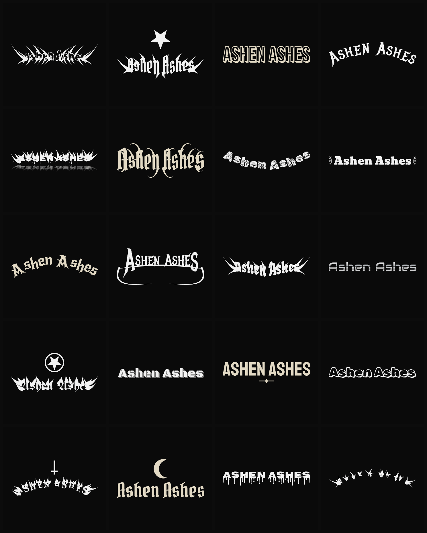 Twenty Ashen Ashes band logo ideas — different faces, treatments and spike settings