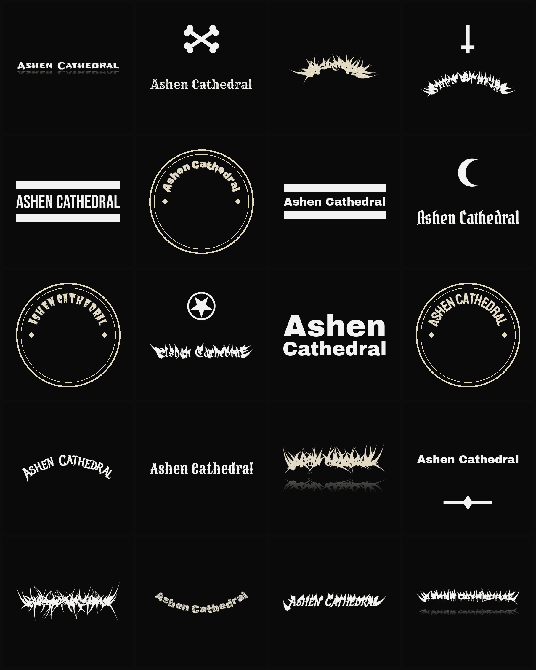 Twenty Ashen Cathedral band logo ideas — different faces, treatments and spike settings