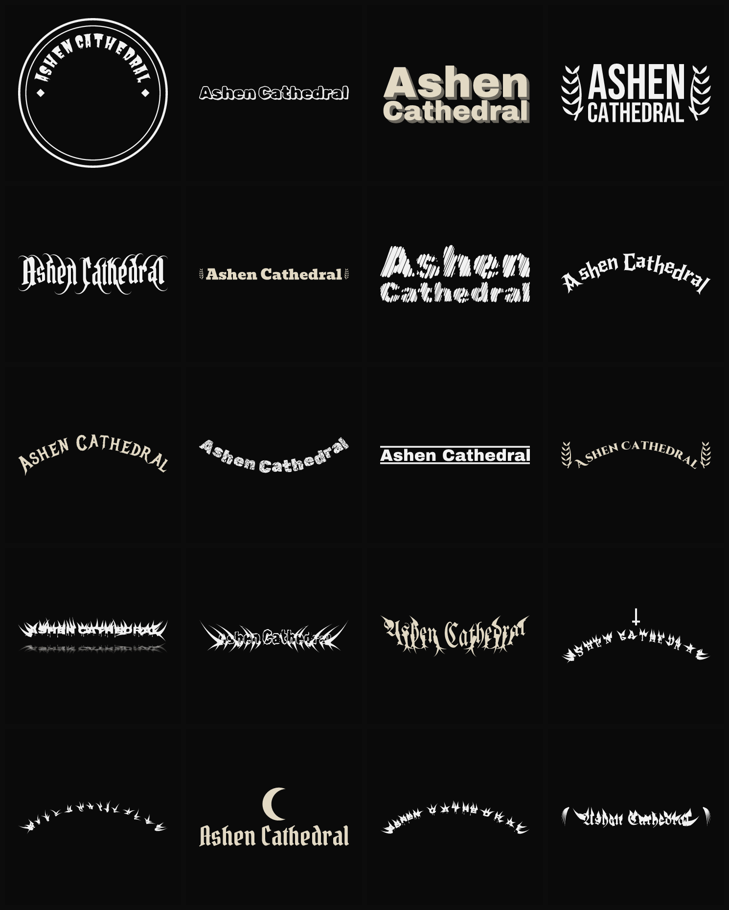 Twenty Ashen Cathedral band logo ideas — different faces, treatments and spike settings