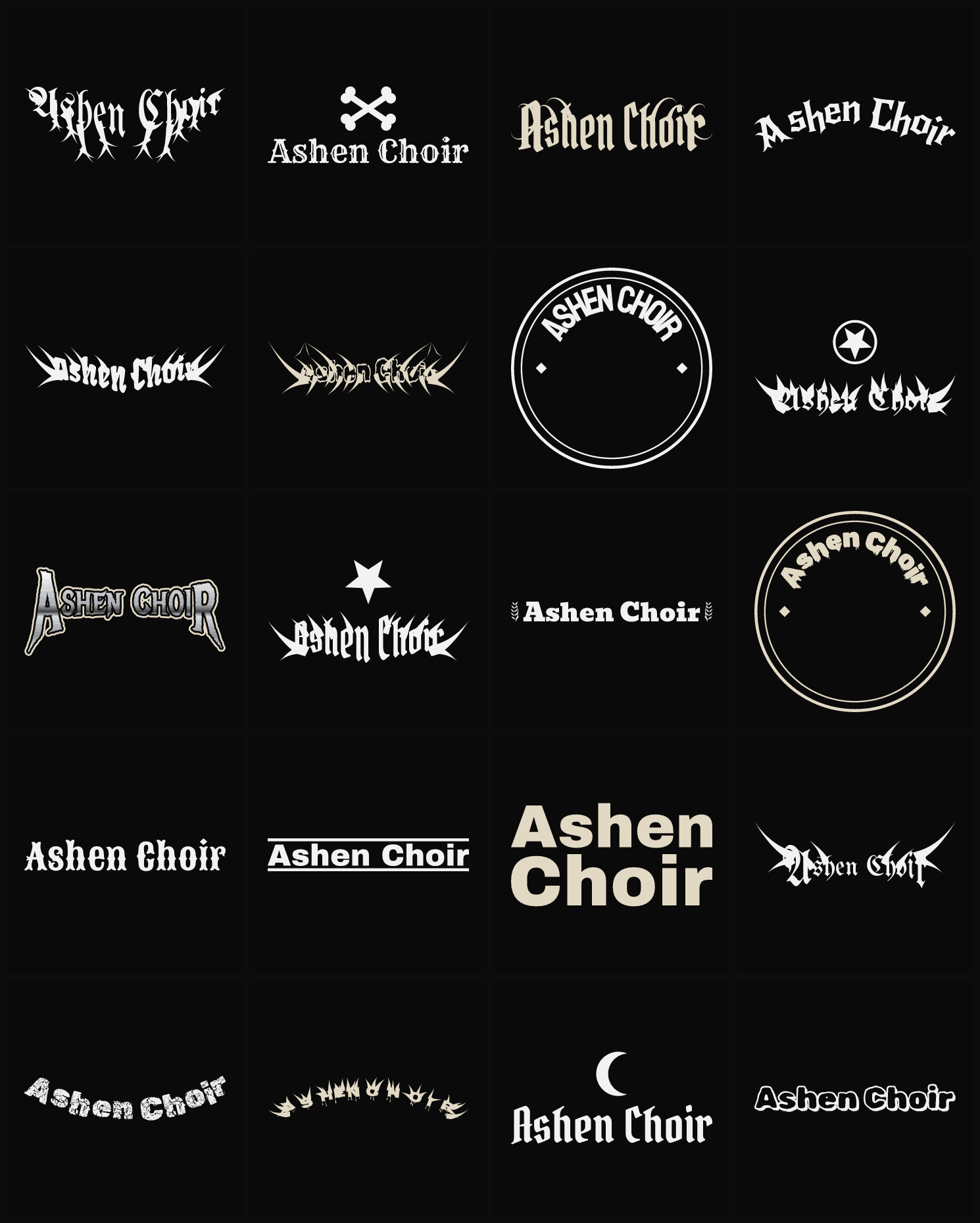 Twenty Ashen Choir band logo ideas — different faces, treatments and spike settings