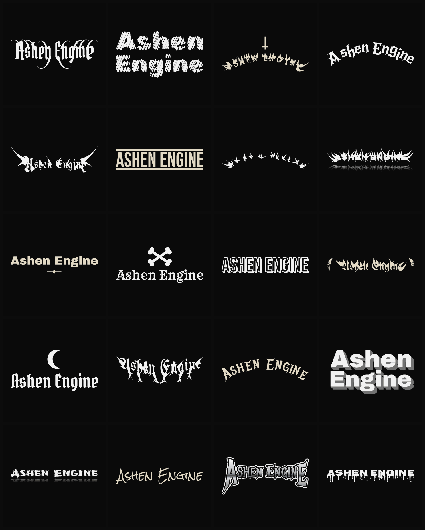 Twenty Ashen Engine band logo ideas — different faces, treatments and spike settings