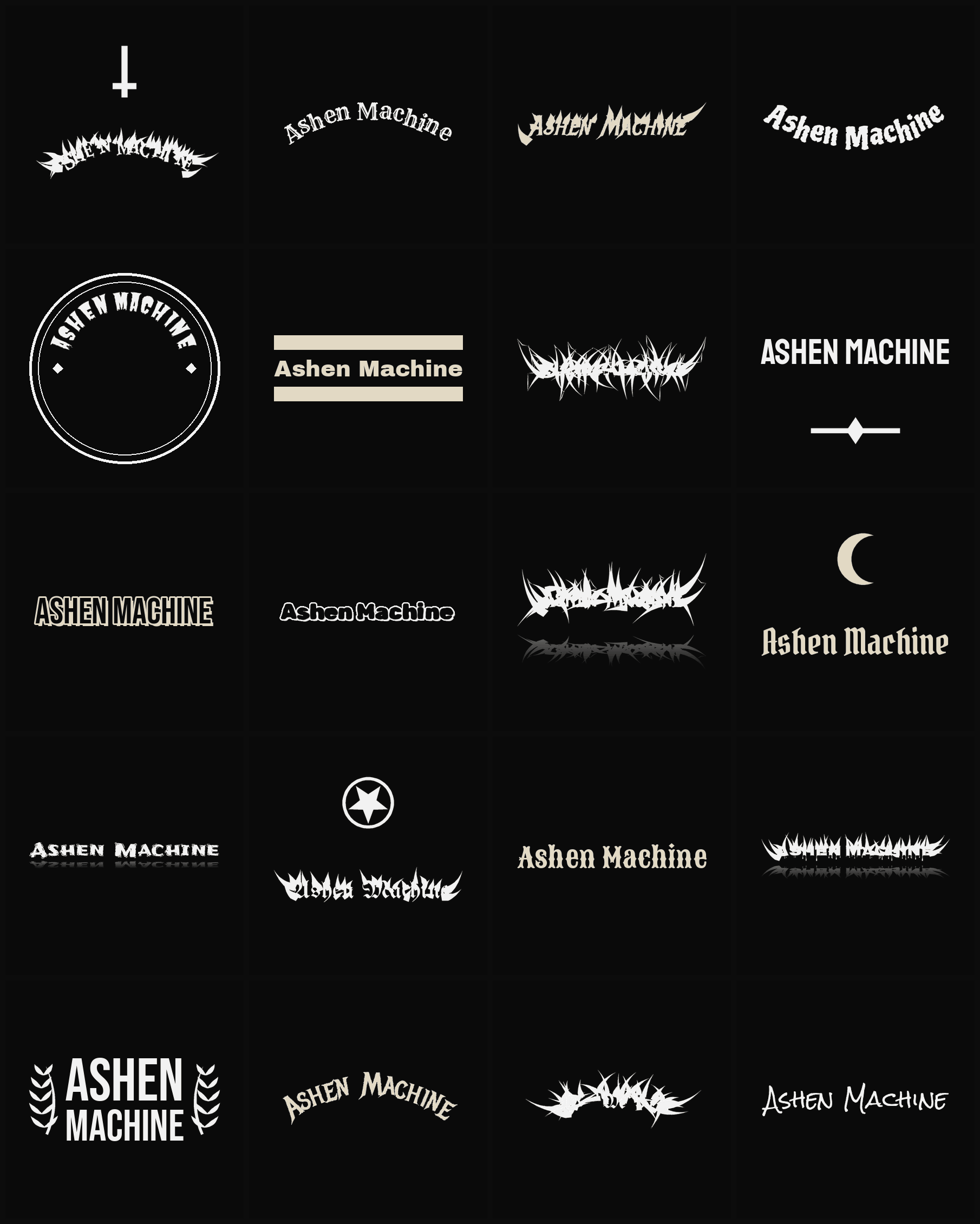 Twenty Ashen Machine band logo ideas — different faces, treatments and spike settings